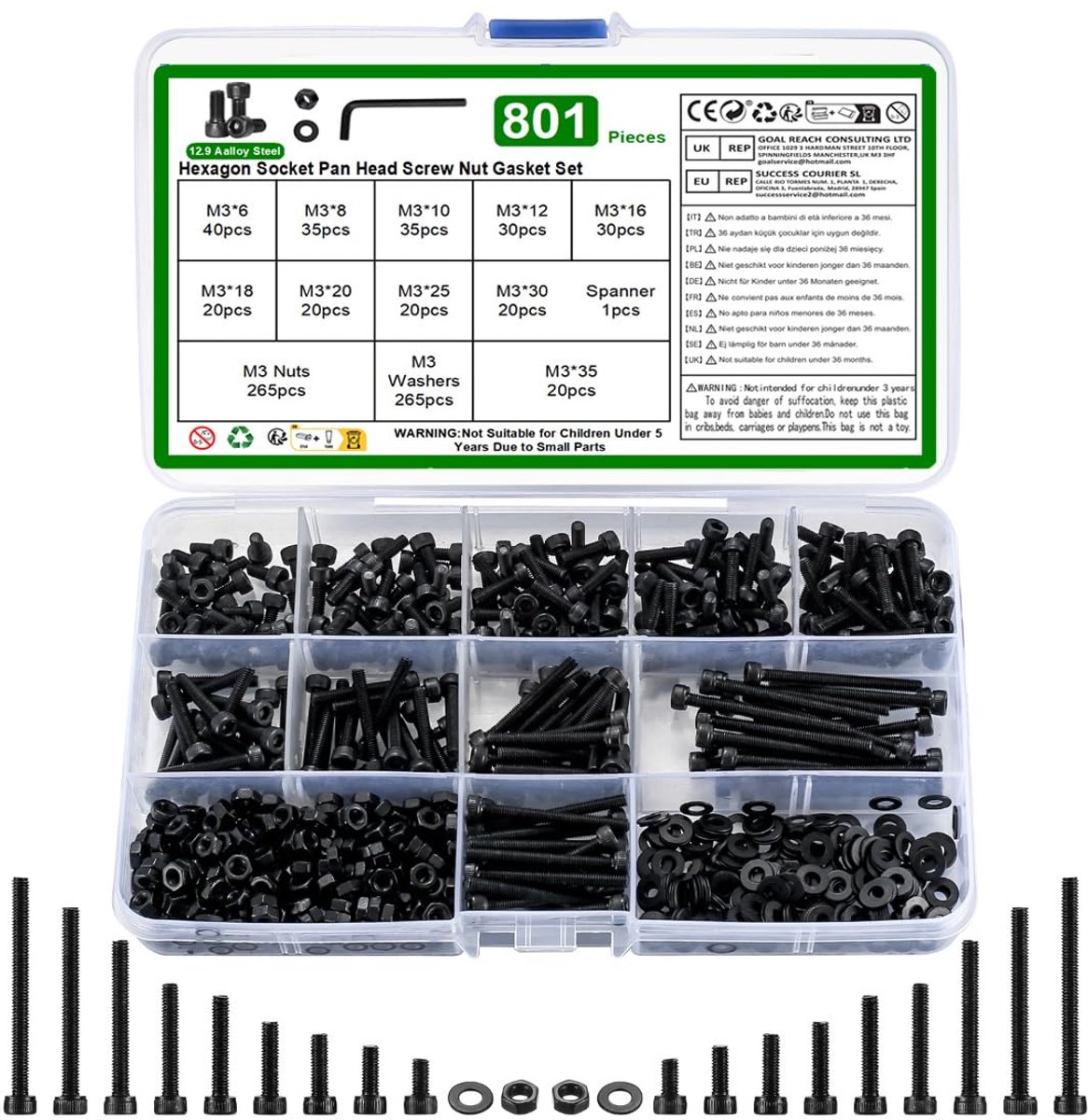 M3 Cylinder Screws Hexagon Socket Screws and Nuts and Washers Assortment Set, 801 Pcs Hexagon Screws, Metric Hexagon - ShopVlot