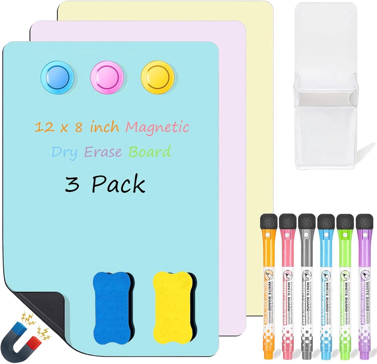 Magnetic Whiteboard for Refrigerator, 3 Pcs Magnetic Dry Erase Board Sheet Contains 6 Markers, 3 Magnets, 2 Erasers - ShopVlot