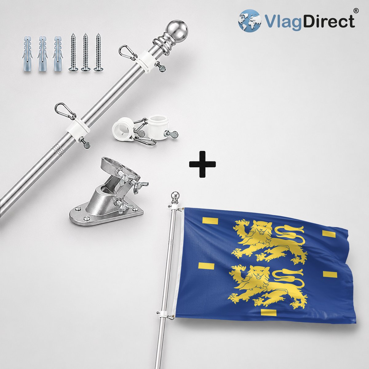 VlagDirect - Compleet vlaggenpakket - Zilveren vlaggenstok inclusief vlaggenstokhouder + West-Friese vlag - Regio West-Friesland vlag - 90 x 150 cm.
