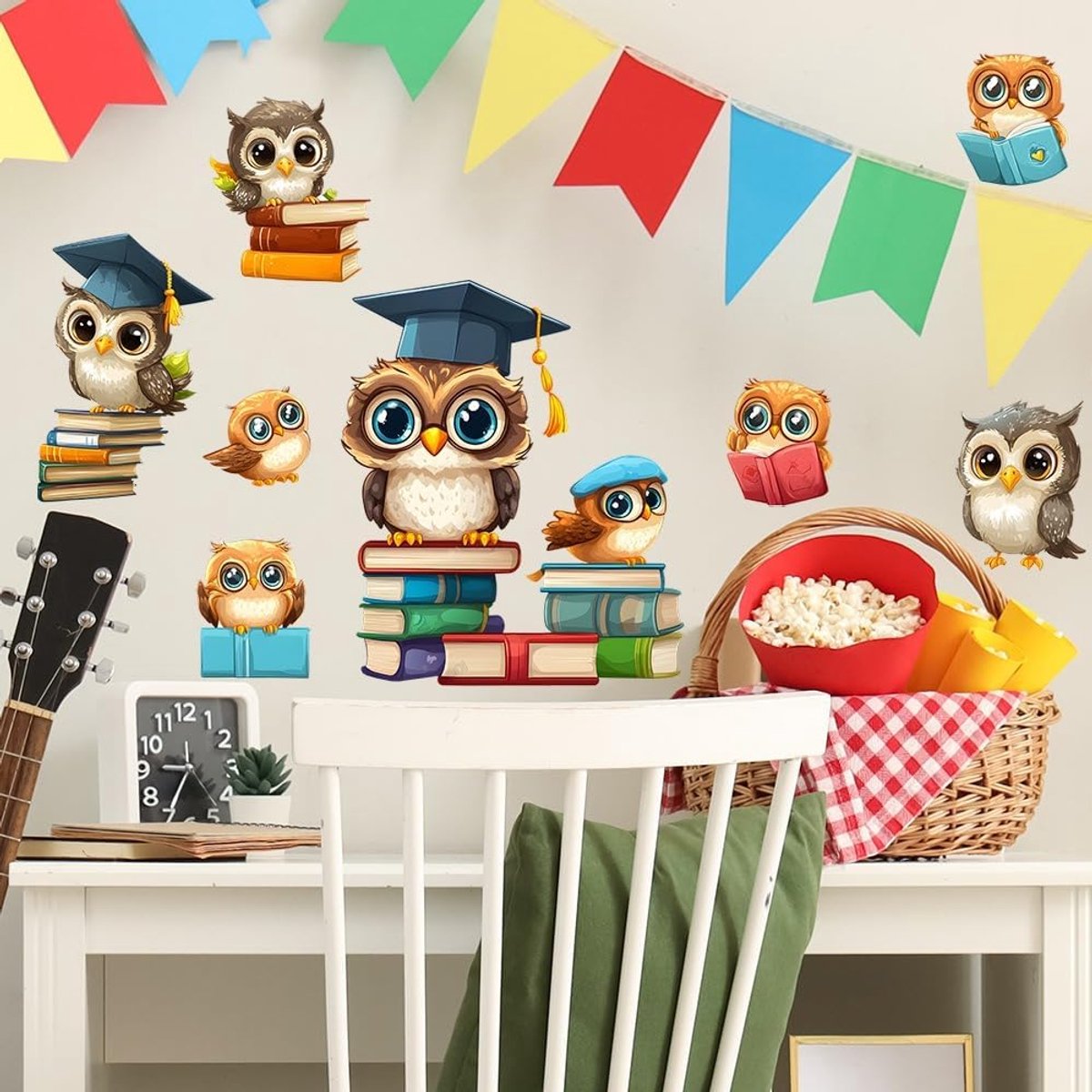 Wall Sticker Owls with Books and Doctor Hat, Self-Adhesive Wall Stickers for Kids Room Living Room, 90 x 30 cm, PVC - ShopVlot