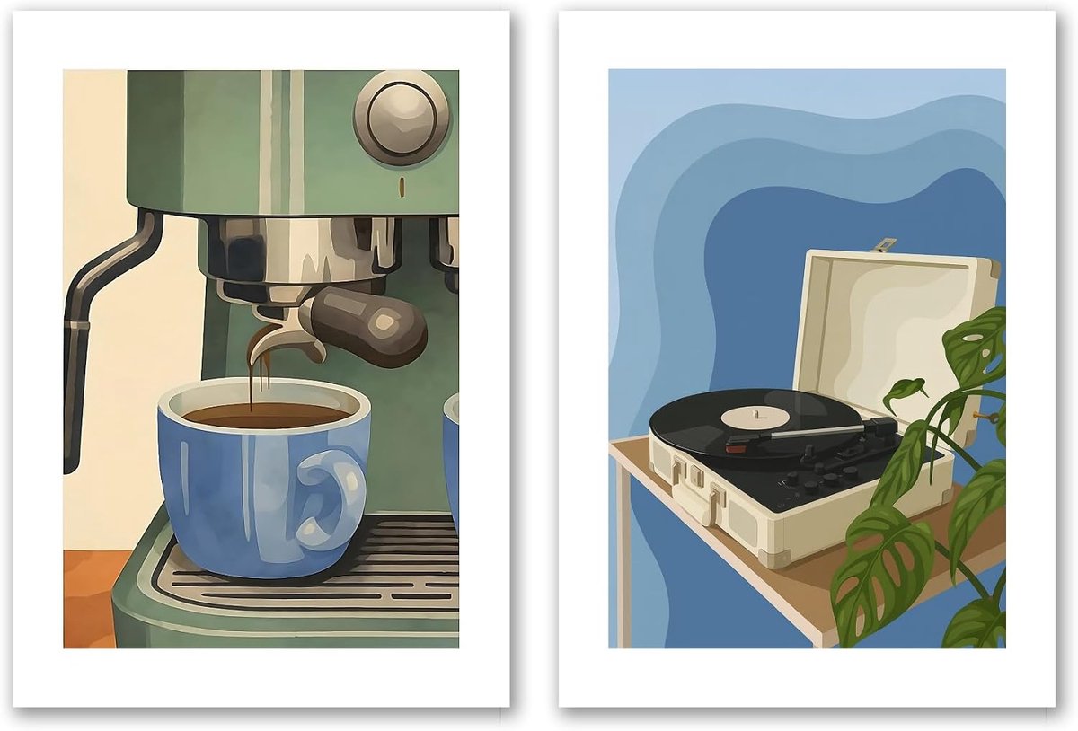 Set of 2 A3 posters for kitchen, living room, studio, modern retro style (2 pieces, coffee and vinyl, 42 l x 30 l - ShopVlot