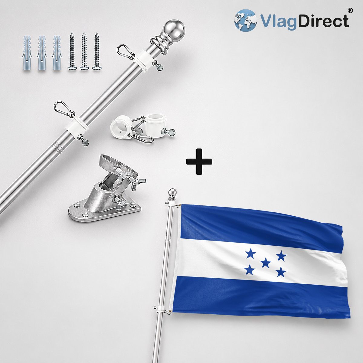 VlagDirect - Compleet vlaggenpakket - Zilveren vlaggenstok inclusief vlaggenstokhouder + Hondurese vlag - Honduras vlag - 90 x 150 cm.