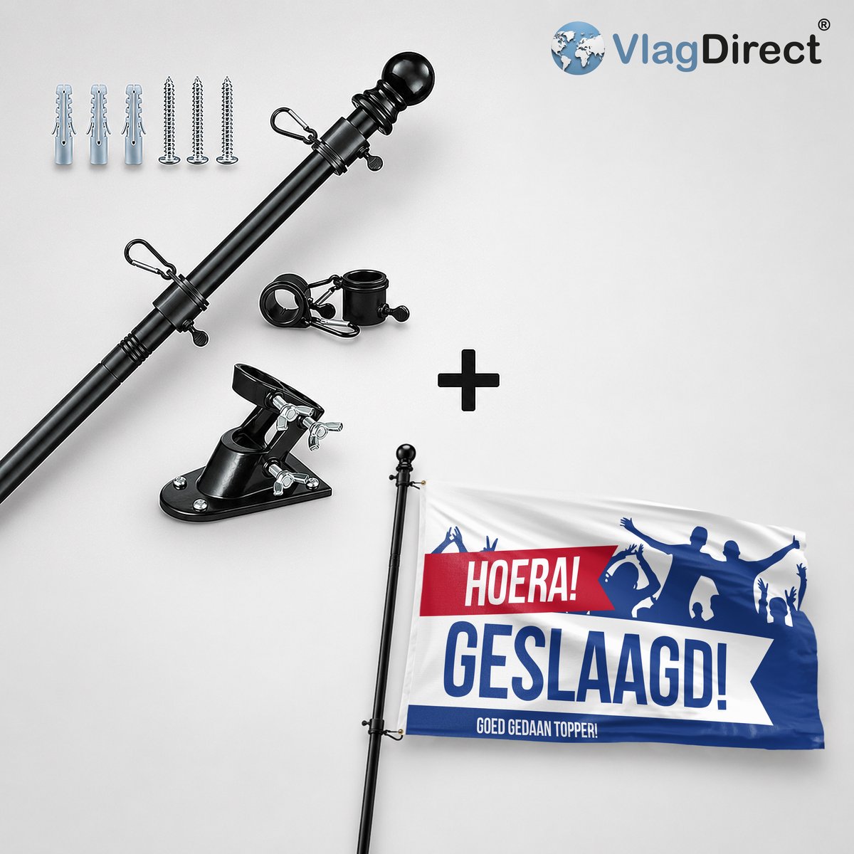 VlagDirect - Compleet vlaggenpakket - Zwarte vlaggenstok inclusief vlaggenstokhouder + Hoera Geslaagd vlag - Eindexamen vlag - 90 x 150 cm.