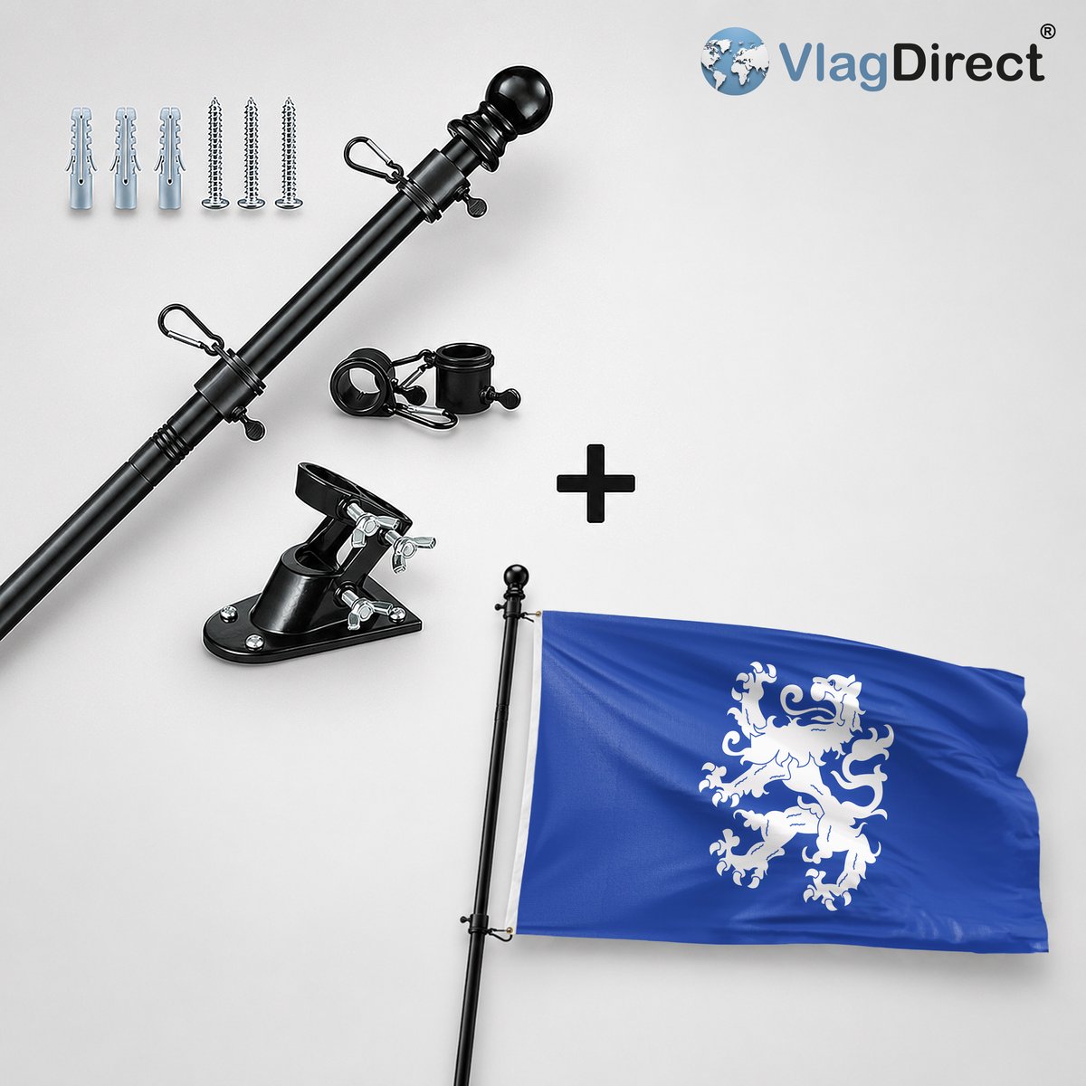 VlagDirect - Compleet vlaggenpakket - Zwarte vlaggenstok inclusief vlaggenstokhouder + Heemskerk vlag - Gemeente Heemskerk vlag - 90 x 150 cm.