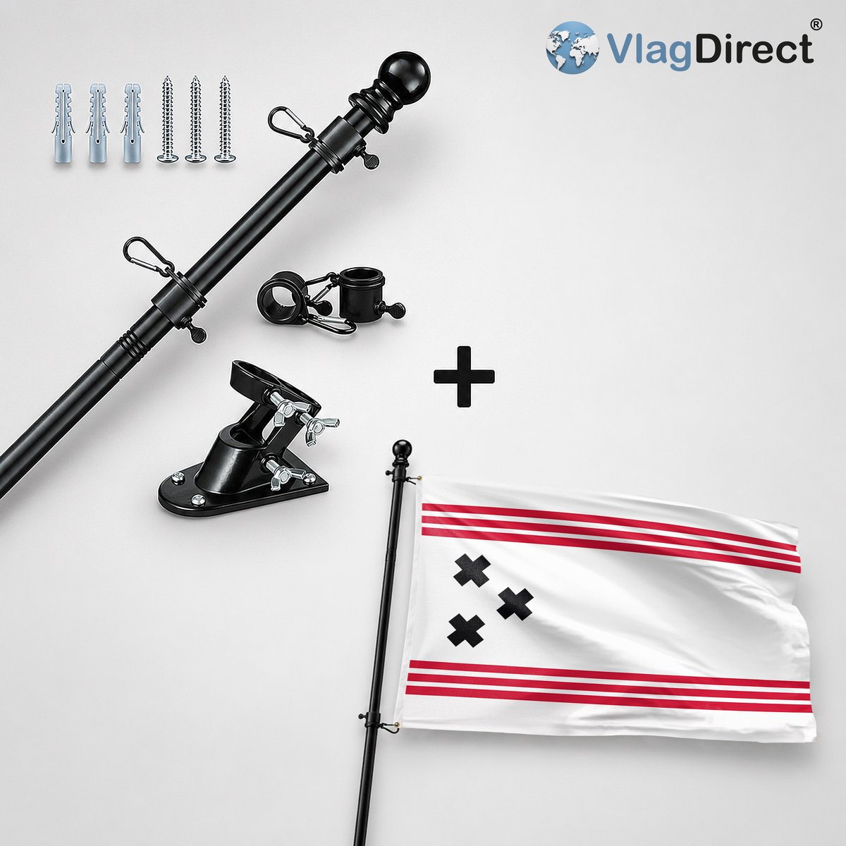VlagDirect - Compleet vlaggenpakket - Zwarte vlaggenstok inclusief vlaggenstokhouder + Hendrik-Ido-Ambacht vlag - Gemeente Hendrik-Ido-Ambacht vlag - 90 x 150 cm.