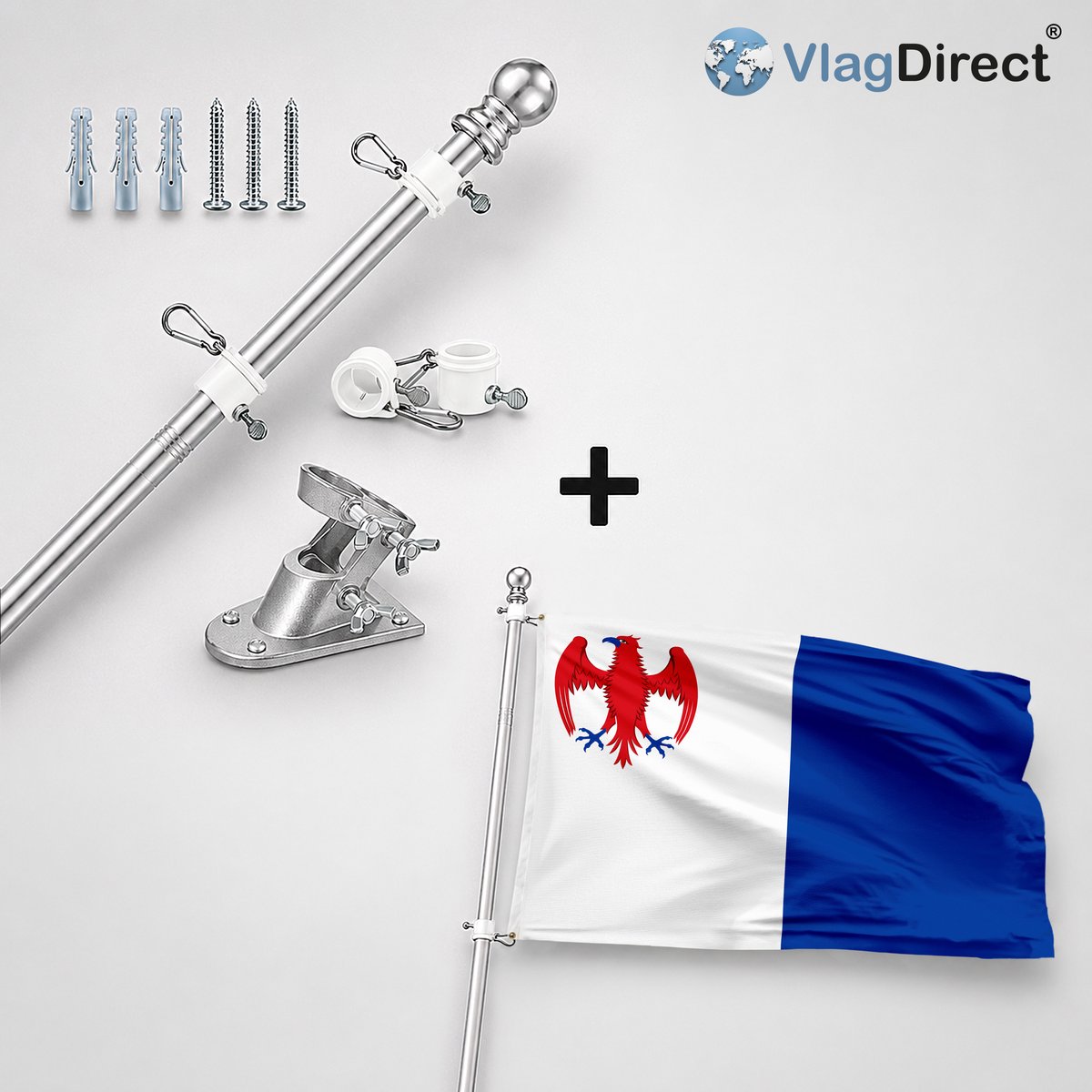 VlagDirect - Compleet vlaggenpakket - Zilveren vlaggenstok inclusief vlaggenstokhouder + Gemeente Walcourt vlag - 90 x 150 cm.