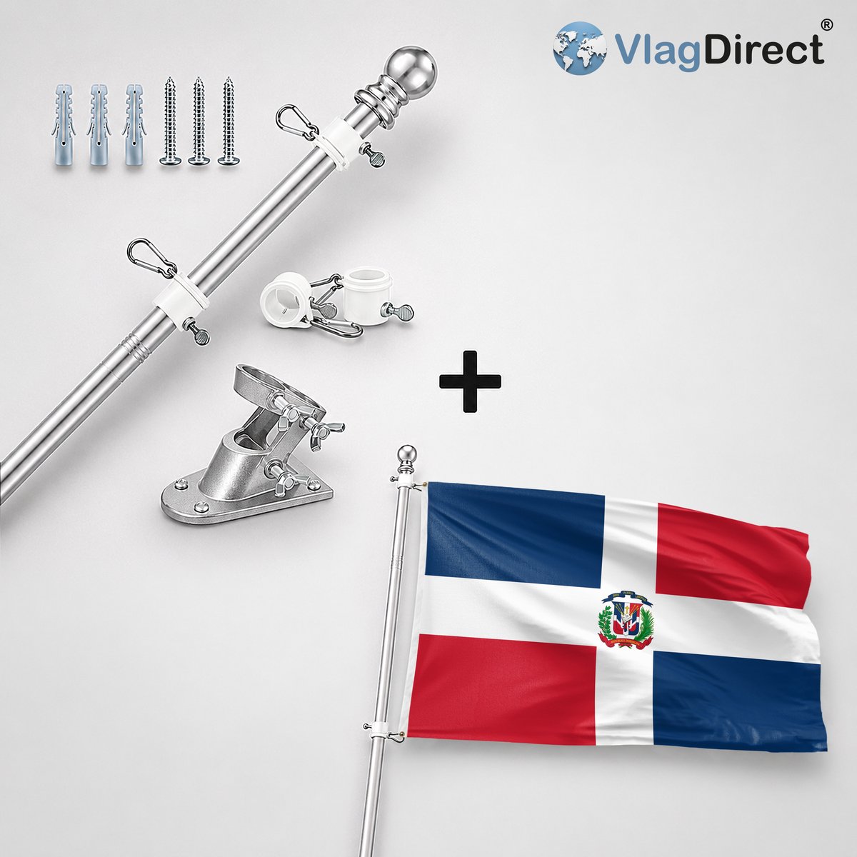 VlagDirect - Compleet vlaggenpakket - Zilveren vlaggenstok inclusief vlaggenstokhouder + Dominicaanse Republiek vlag - 90 x 150 cm.