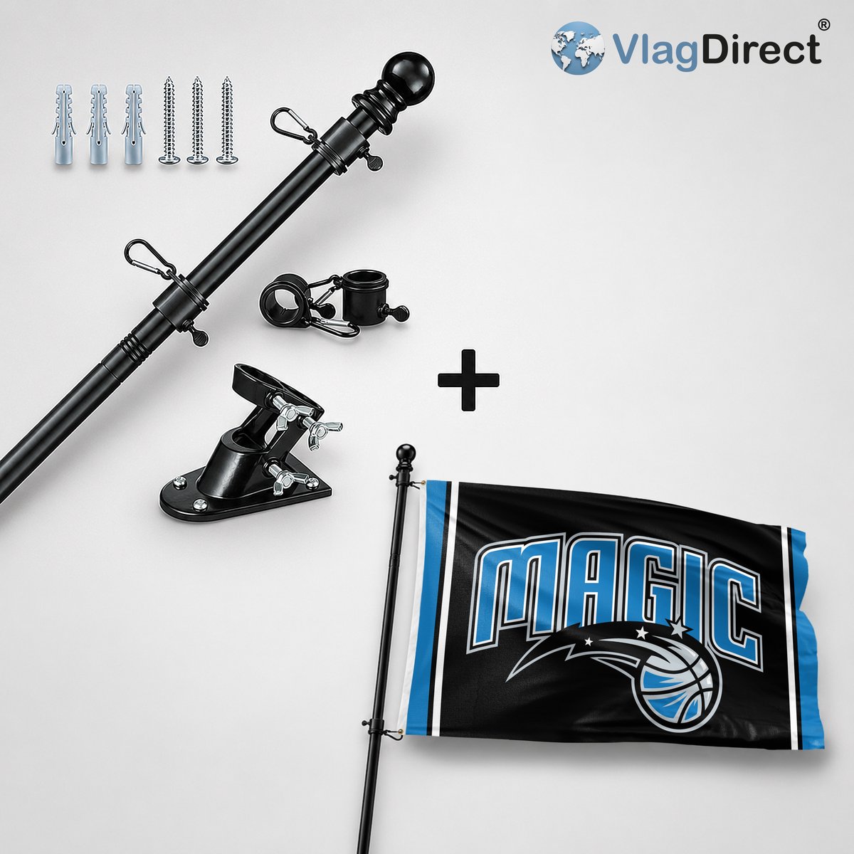 VlagDirect - Compleet vlaggenpakket - Zwarte vlaggenstok inclusief vlaggenstokhouder + Orlando Magic vlag - Orlando Magic basketbalteam vlag - 90 x 150 cm.