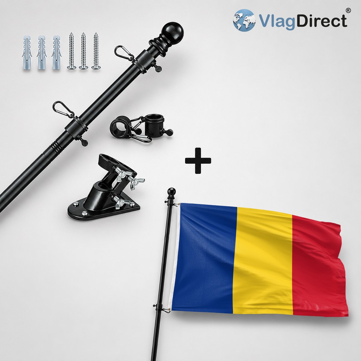 VlagDirect - Compleet vlaggenpakket - Zwarte vlaggenstok inclusief vlaggenstokhouder + Roemeense vlag - Roemenië vlag - 90 x 150 cm.