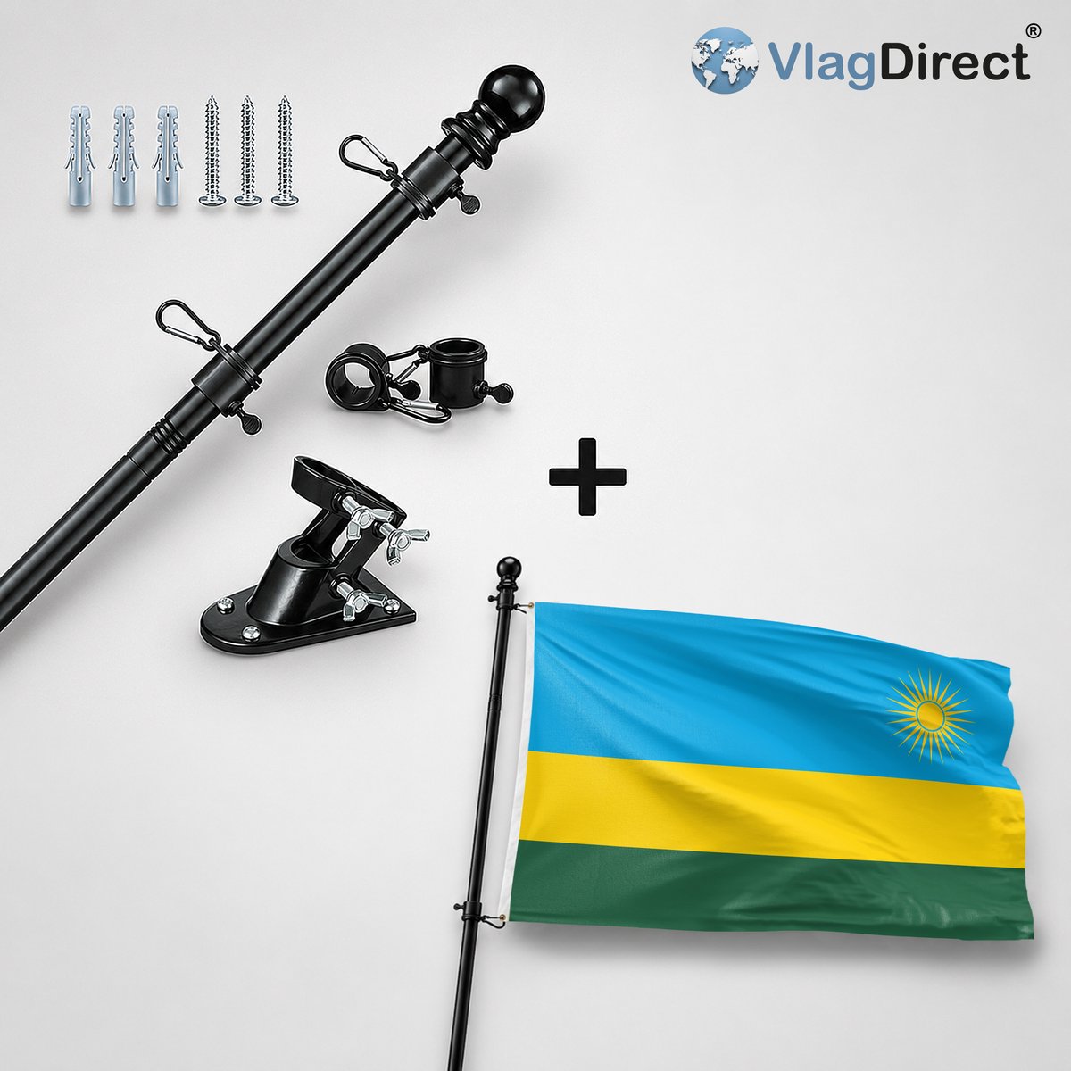 VlagDirect - Compleet vlaggenpakket - Zwarte vlaggenstok inclusief vlaggenstokhouder + Rwandese vlag - Rwanda vlag - 90 x 150 cm