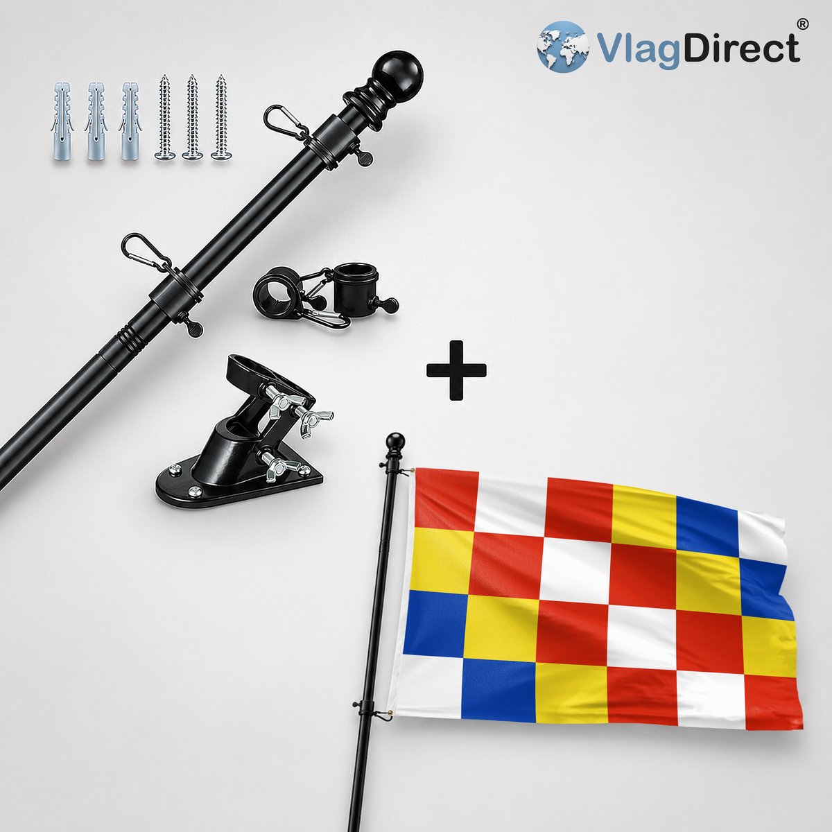 VlagDirect - Compleet vlaggenpakket - Zwarte vlaggenstok inclusief vlaggenstokhouder + Antwerpse vlag - Gemeente Antwerpen vlag - 90 x 150 cm.