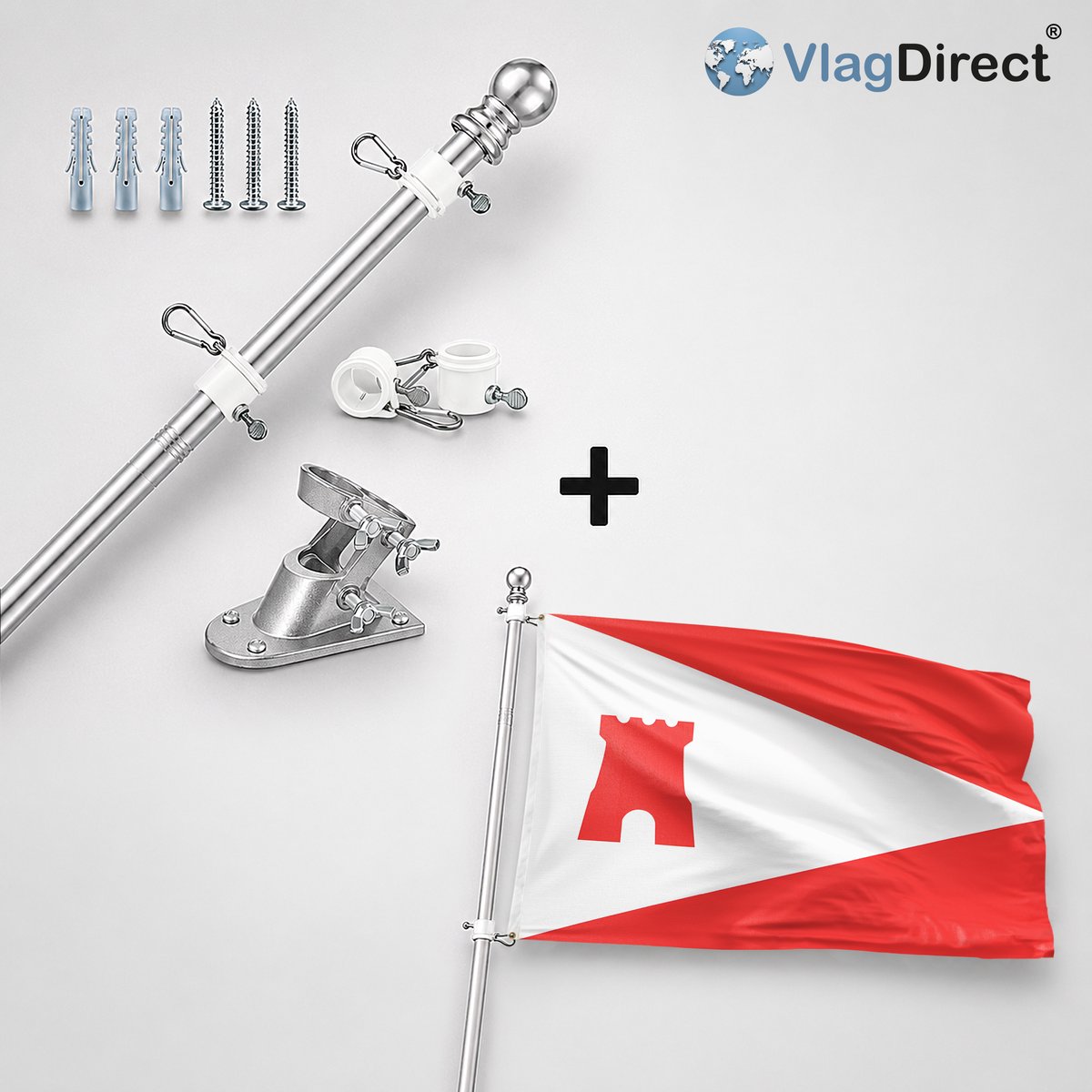 VlagDirect - Compleet vlaggenpakket - Zilveren vlaggenstok inclusief vlaggenstokhouder + Etten-Leur vlag - Gemeente Etten-Leur vlag - 90 x 150 cm.