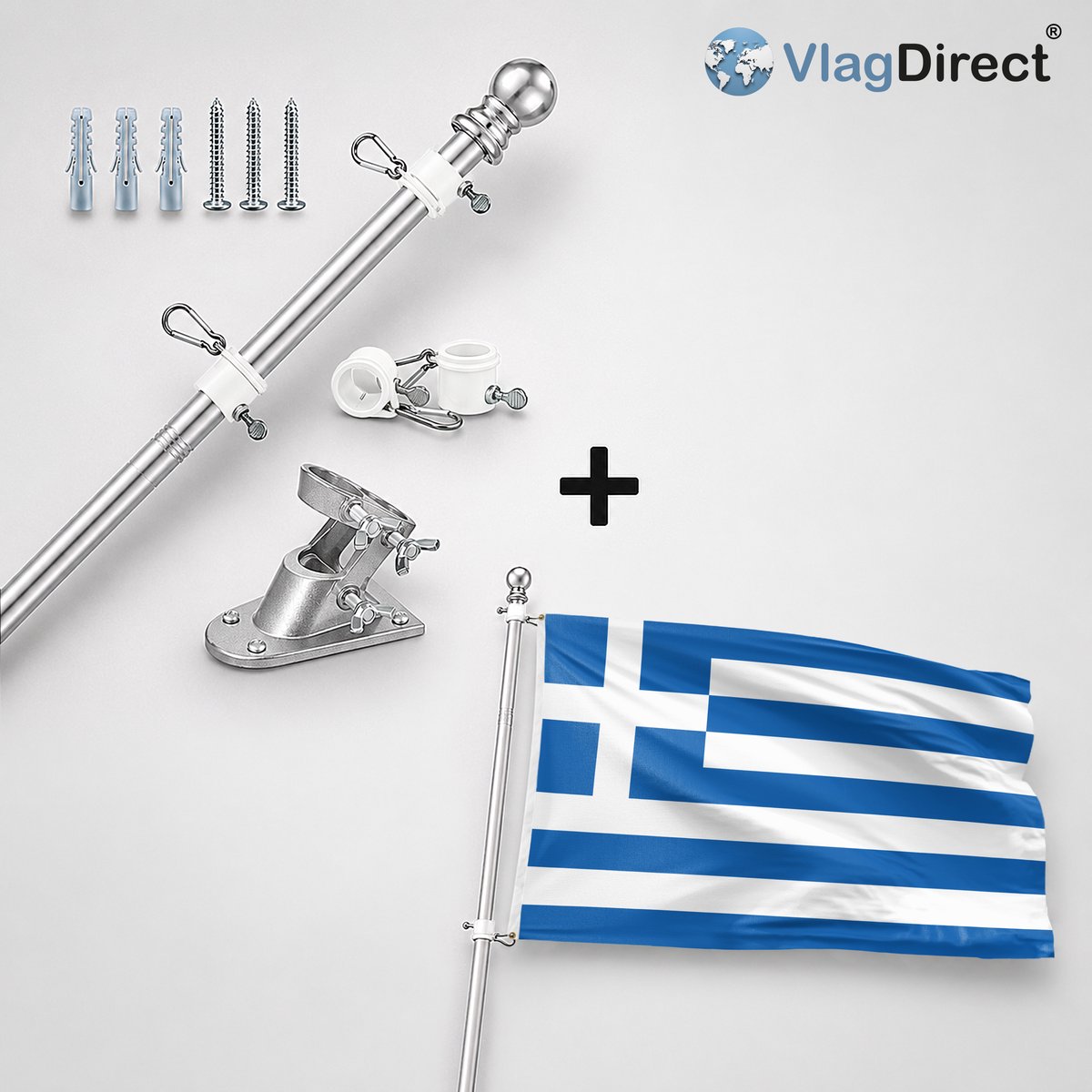 VlagDirect - Compleet vlaggenpakket - Zilveren vlaggenstok inclusief vlaggenstokhouder + Griekse vlag - Griekenland vlag - 90 x 150 cm.