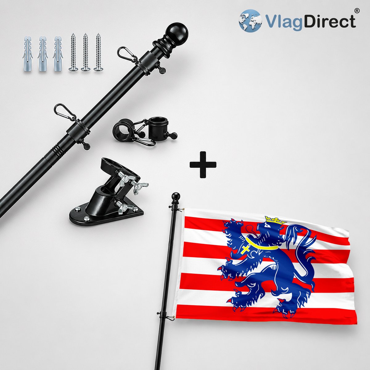 VlagDirect - Compleet vlaggenpakket - Zwarte vlaggenstok inclusief vlaggenstokhouder + Brugse vlag - Gemeente Brugge vlag - 90 x 150 cm.