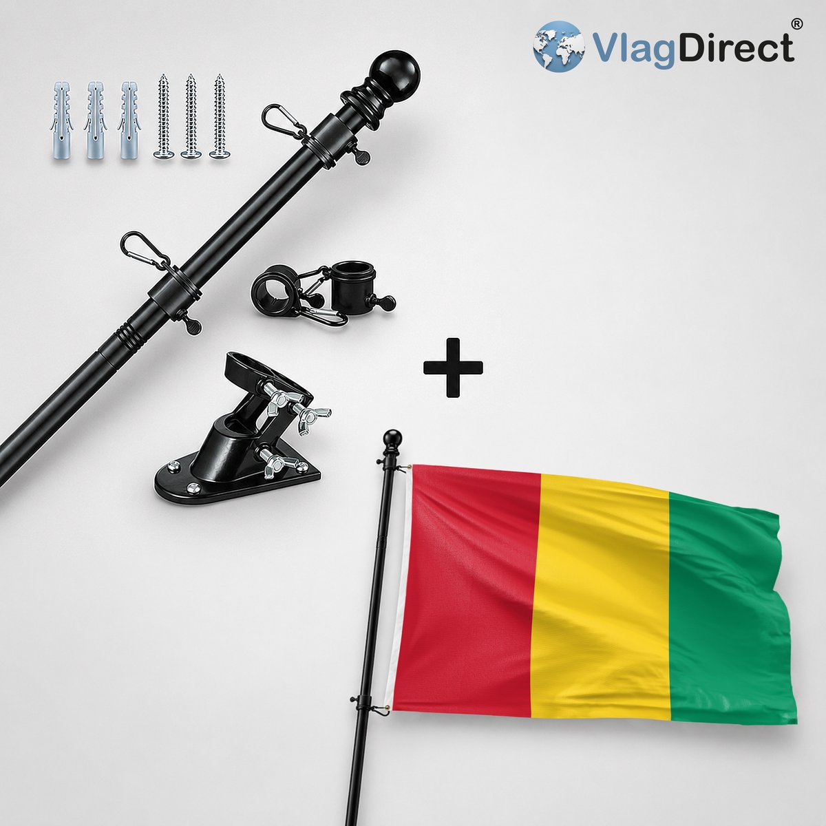 VlagDirect - Compleet vlaggenpakket - Zwarte vlaggenstok inclusief vlaggenstokhouder + Guinese vlag - Guinea Conakry vlag - 90 x 150 cm.