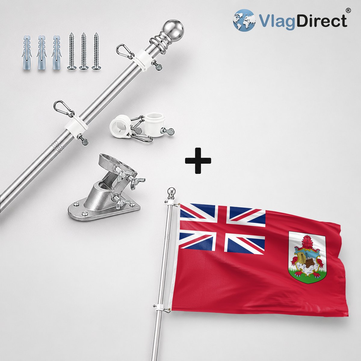 VlagDirect - Compleet vlaggenpakket - Zilveren vlaggenstok inclusief vlaggenstokhouder + Bermudaanse vlag - Bermuda vlag - 90 x 150 cm.