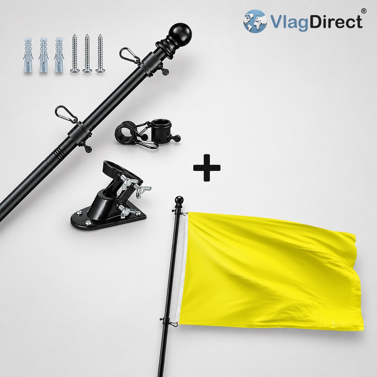VlagDirect - Compleet vlaggenpakket - Zwarte vlaggenstok inclusief vlaggenstokhouder + Gele vlag - Strandvlag - 90 x 150 cm.