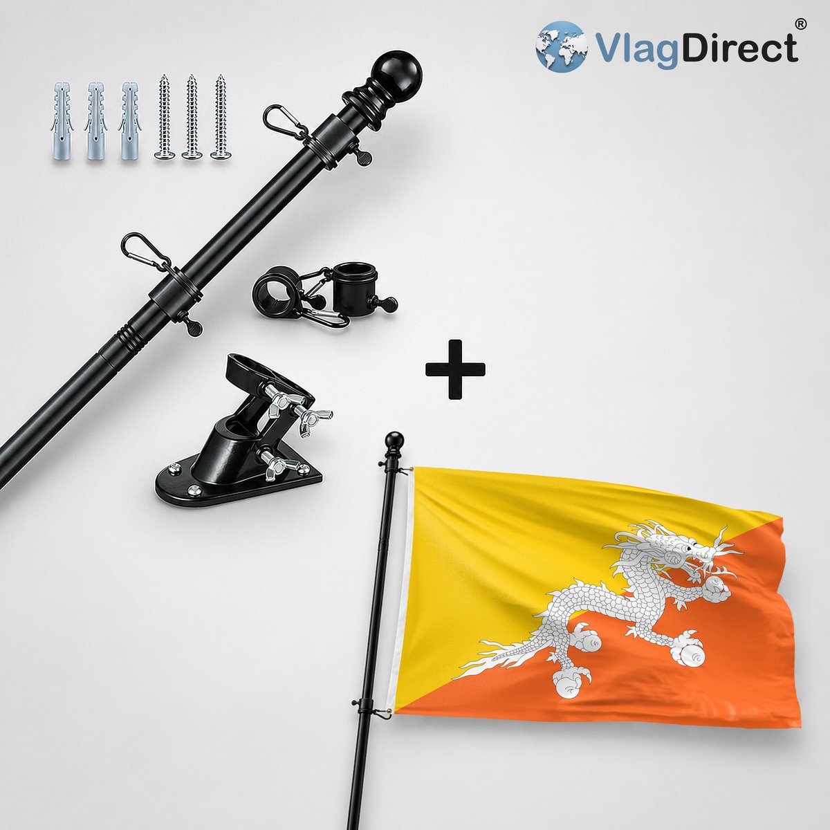 VlagDirect - Compleet vlaggenpakket - Zwarte vlaggenstok inclusief vlaggenstokhouder + Bhutaanse vlag - Bhutan vlag - 90 x 150 cm.