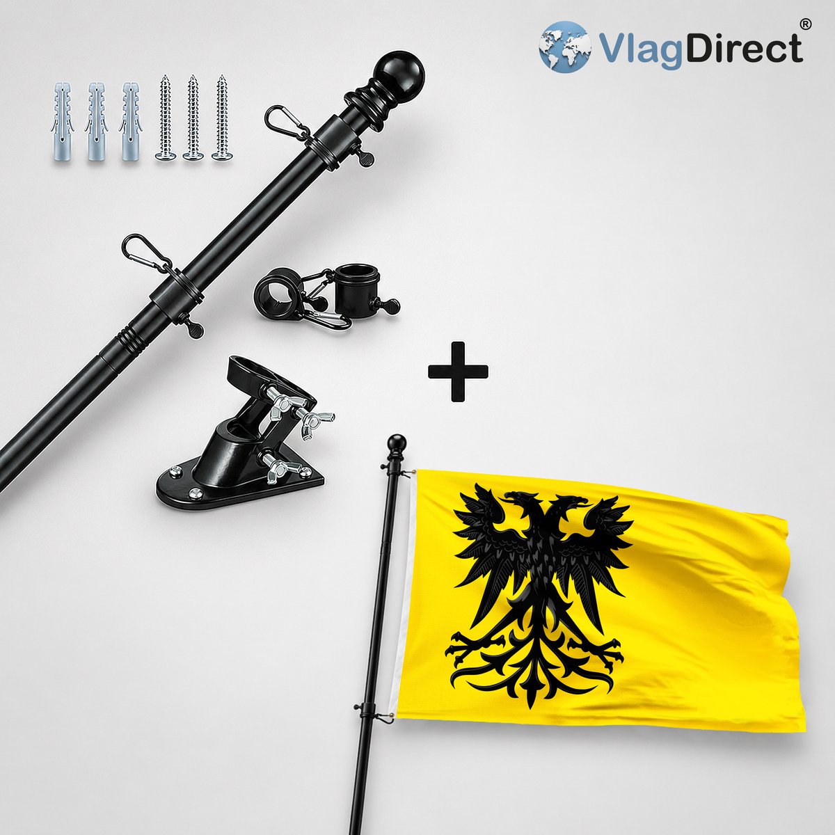 VlagDirect - Compleet vlaggenpakket - Zwarte vlaggenstok inclusief vlaggenstokhouder + Gemeente Frameries vlag - 90 x 150 cm.