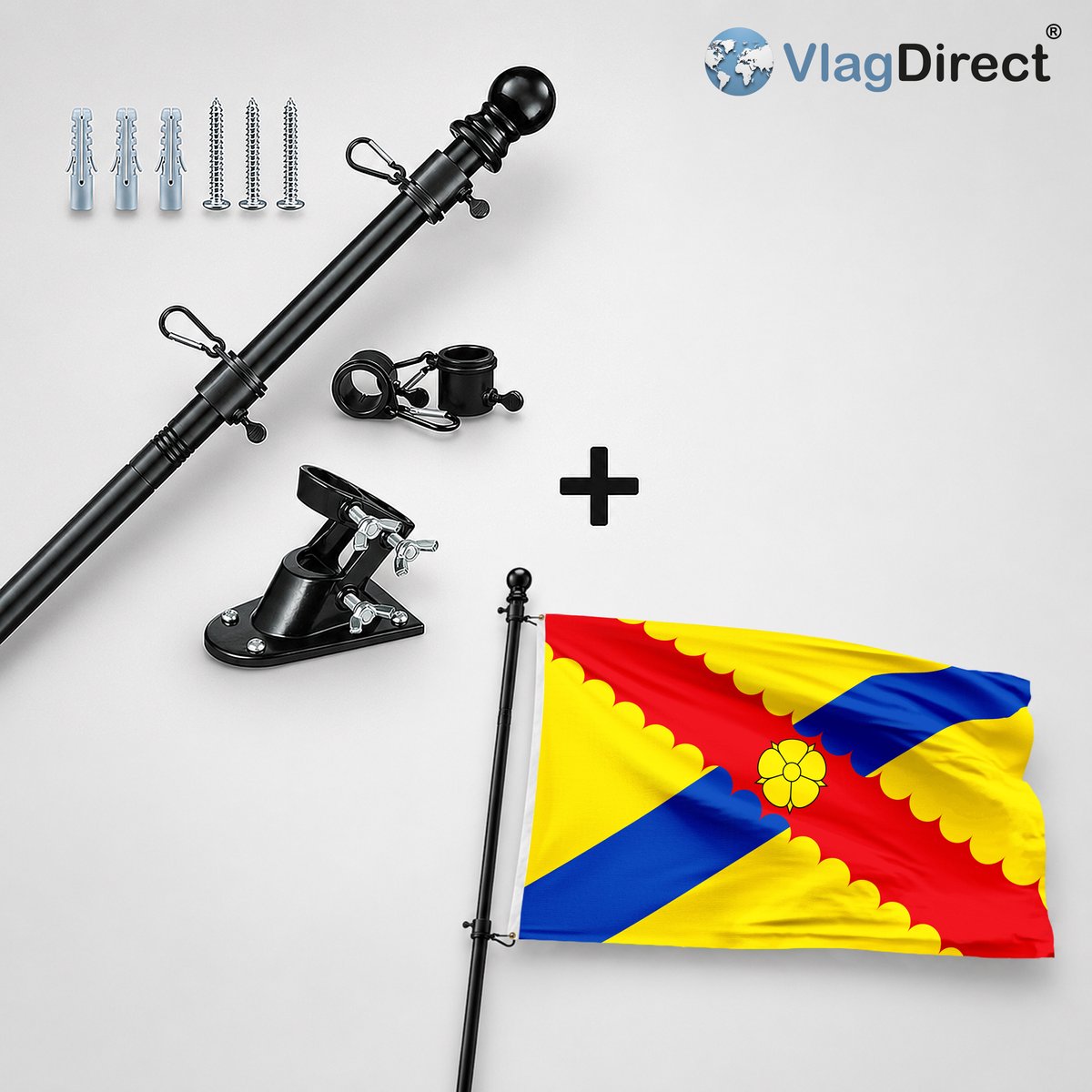 VlagDirect - Compleet vlaggenpakket - Zwarte vlaggenstok inclusief vlaggenstokhouder + Gemeente Hensies vlag - 90 x 150 cm.