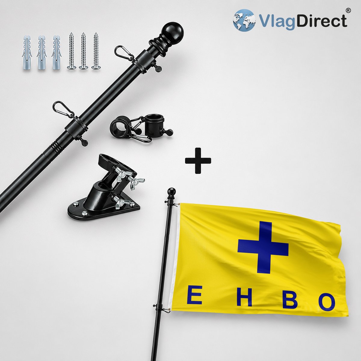VlagDirect - Compleet vlaggenpakket - Zwarte vlaggenstok inclusief vlaggenstokhouder + EHBO vlag - Eerste Hulp Bij Ongelukken vlag - Spoedpost vlag - 90 x 150 cm.