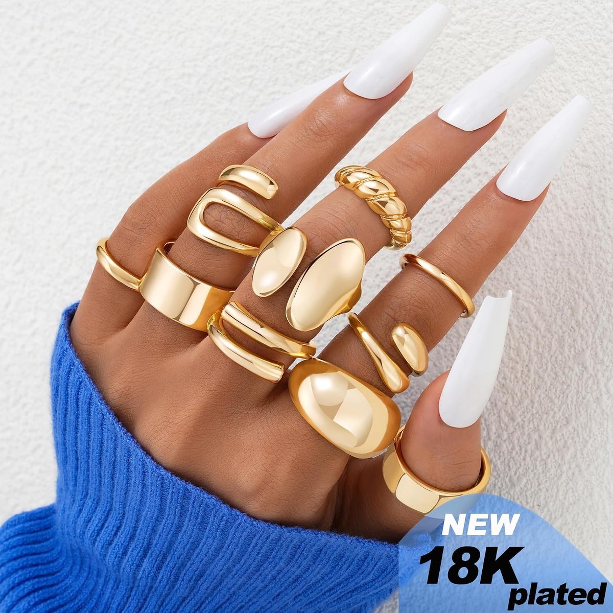 10 Piece Gold Rings Set for Women, Tarnish Free, 18K Gold Plated, Solid Stackable Rings, Statement Ring Set for Women - ShopVlot