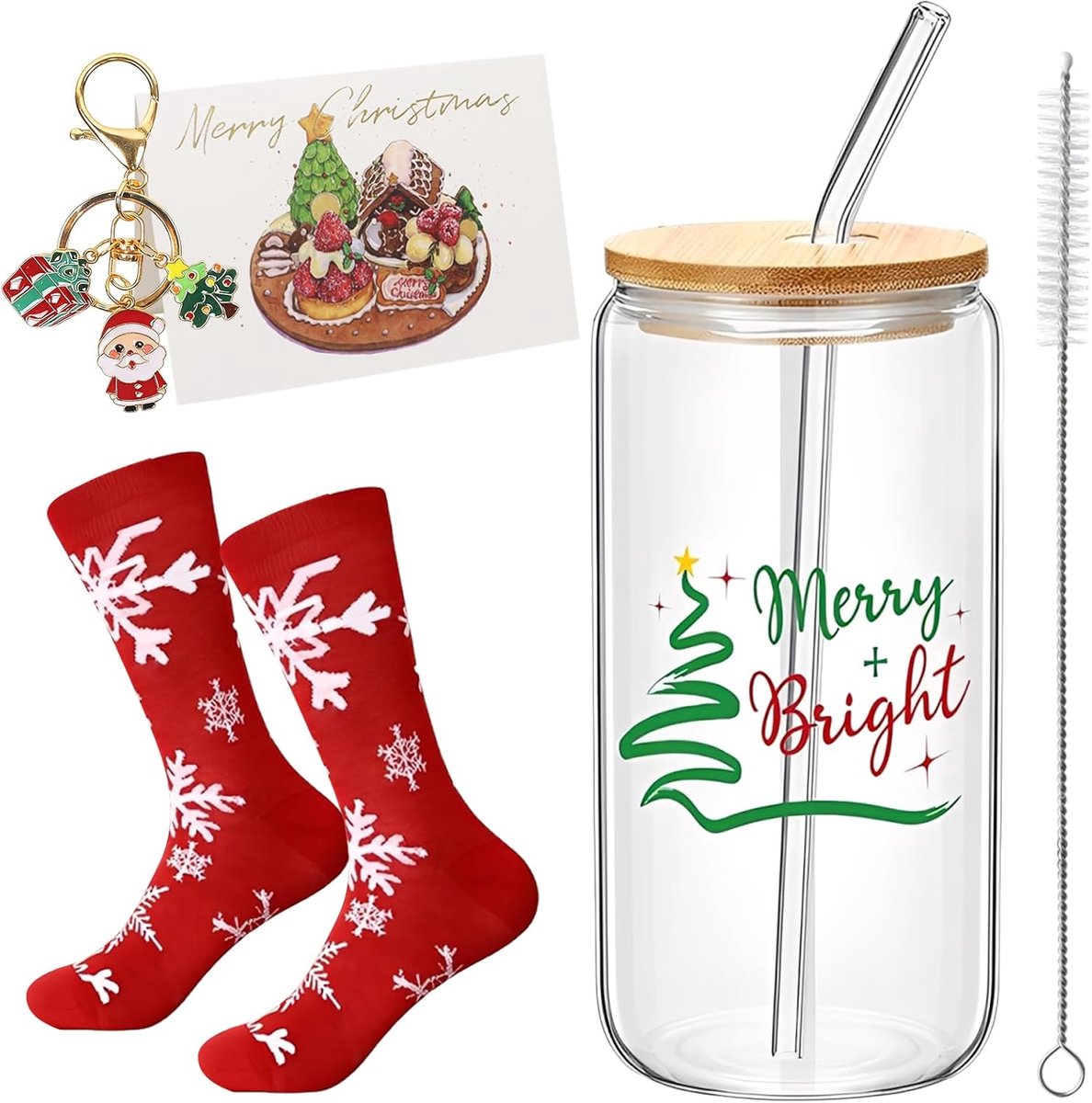 Kerstglazen met deksel en rietje - 500 ml kerstbekers - 6-delige set met schoonmaakborstel en sleutelhanger - ShopVlot