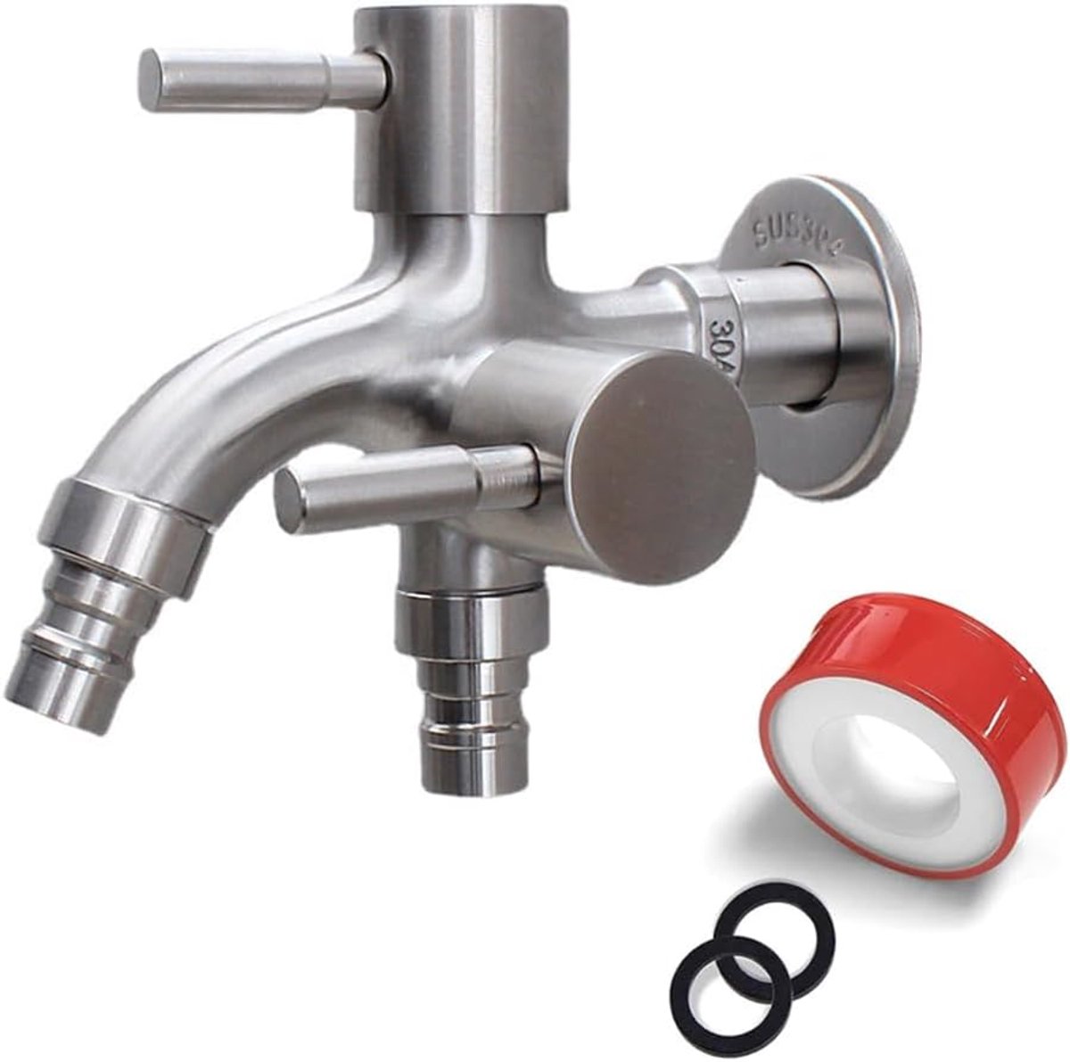 Tuinkraan dubbele kraan 1/2 inch - roestvrij staal - wandmontage - ideaal voor regenton of wasmachine - ShopVlot