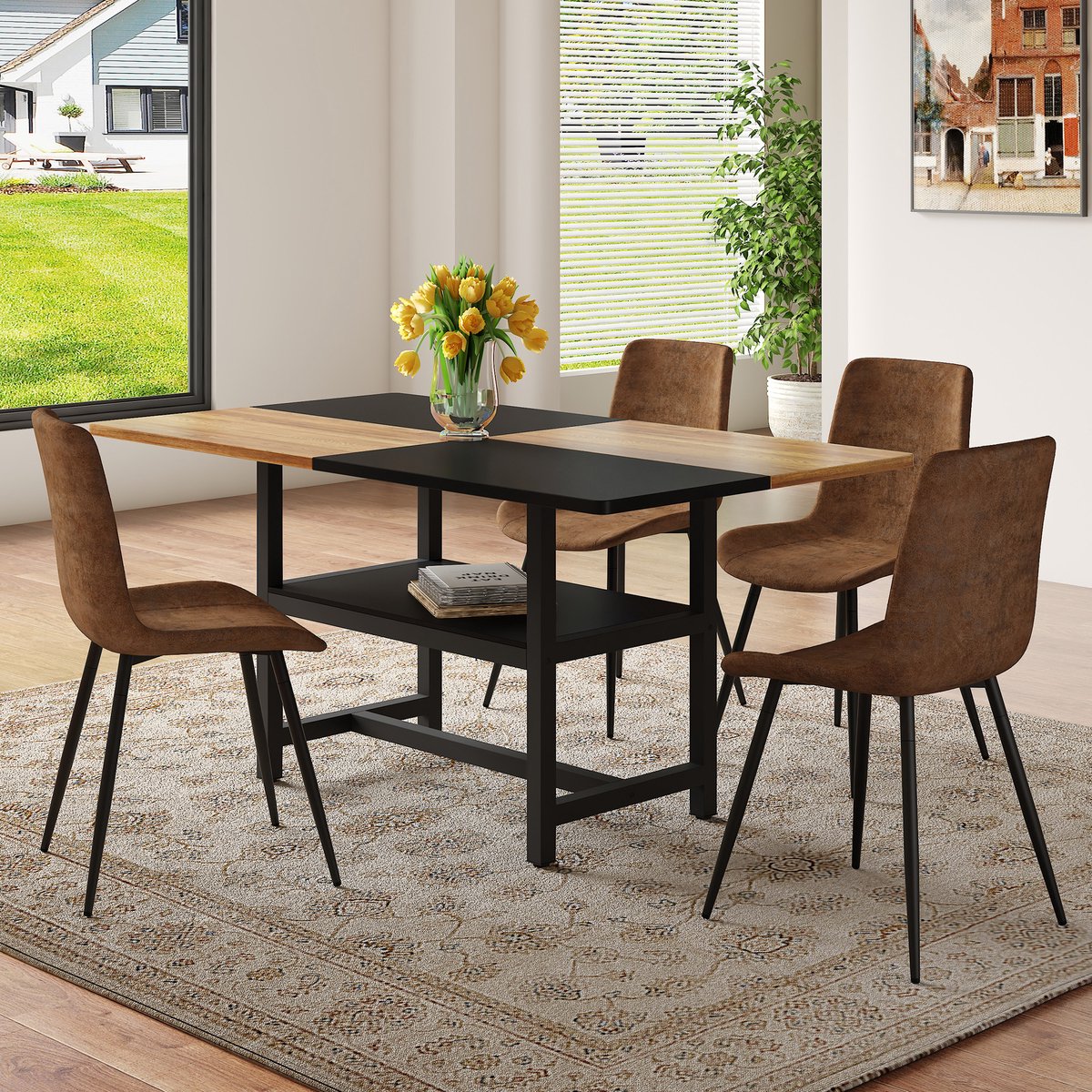 COVREO Tafel en stoelen set 160 cm bruin zwart, met opbergruimte en 4 stoelen