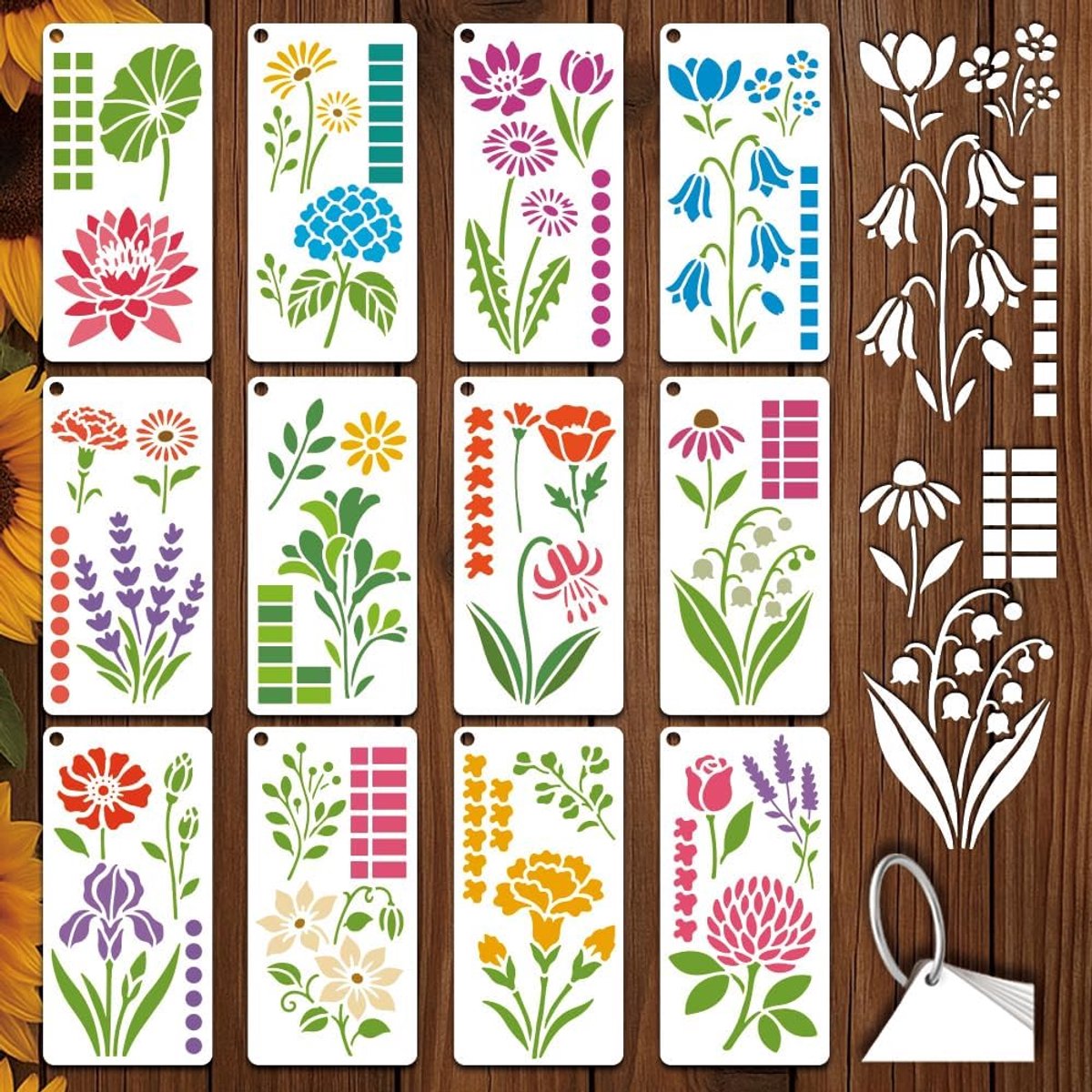 Botanische plantensjablonen 12 vellen - herbruikbare PET-sjablonen - unieke bloemen voor schilderen - ShopVlot