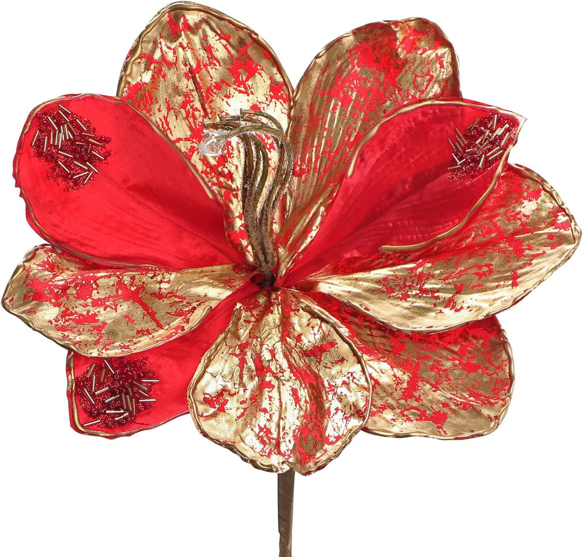 Amaryllis kunstkerstbloemen 54 cm - rood - met gouden versieringen - voor kerstdecoratie - ShopVlot