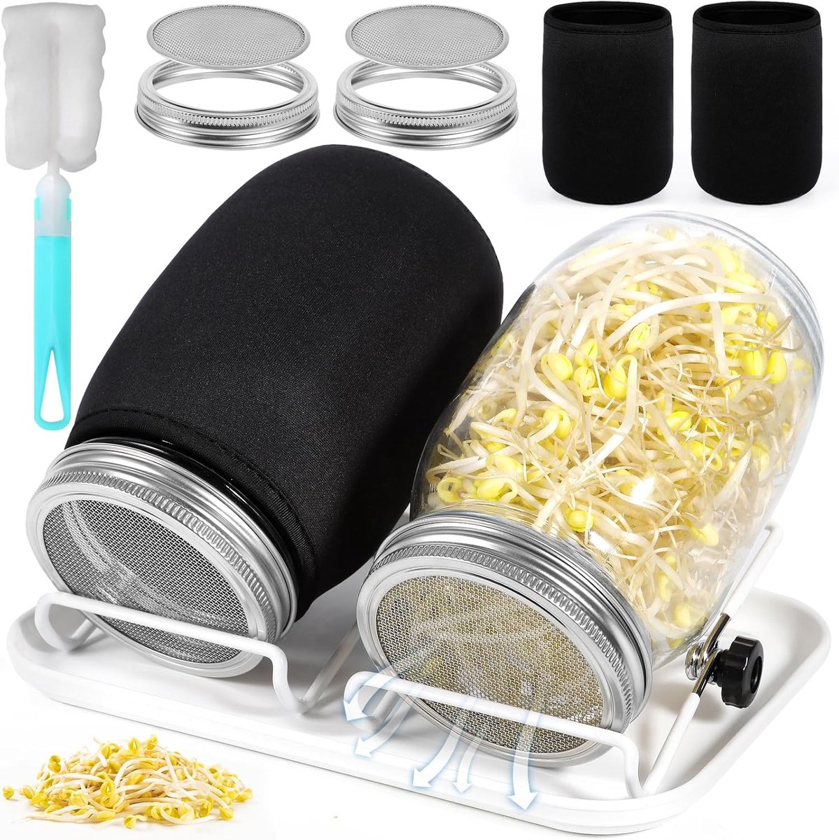 Glass Germination Pot Set of 2, 1000 ml Germination Pot with 1 Tray, 2 Adjustable Holders, 2 Blackout Lids, 2 - ShopVlot