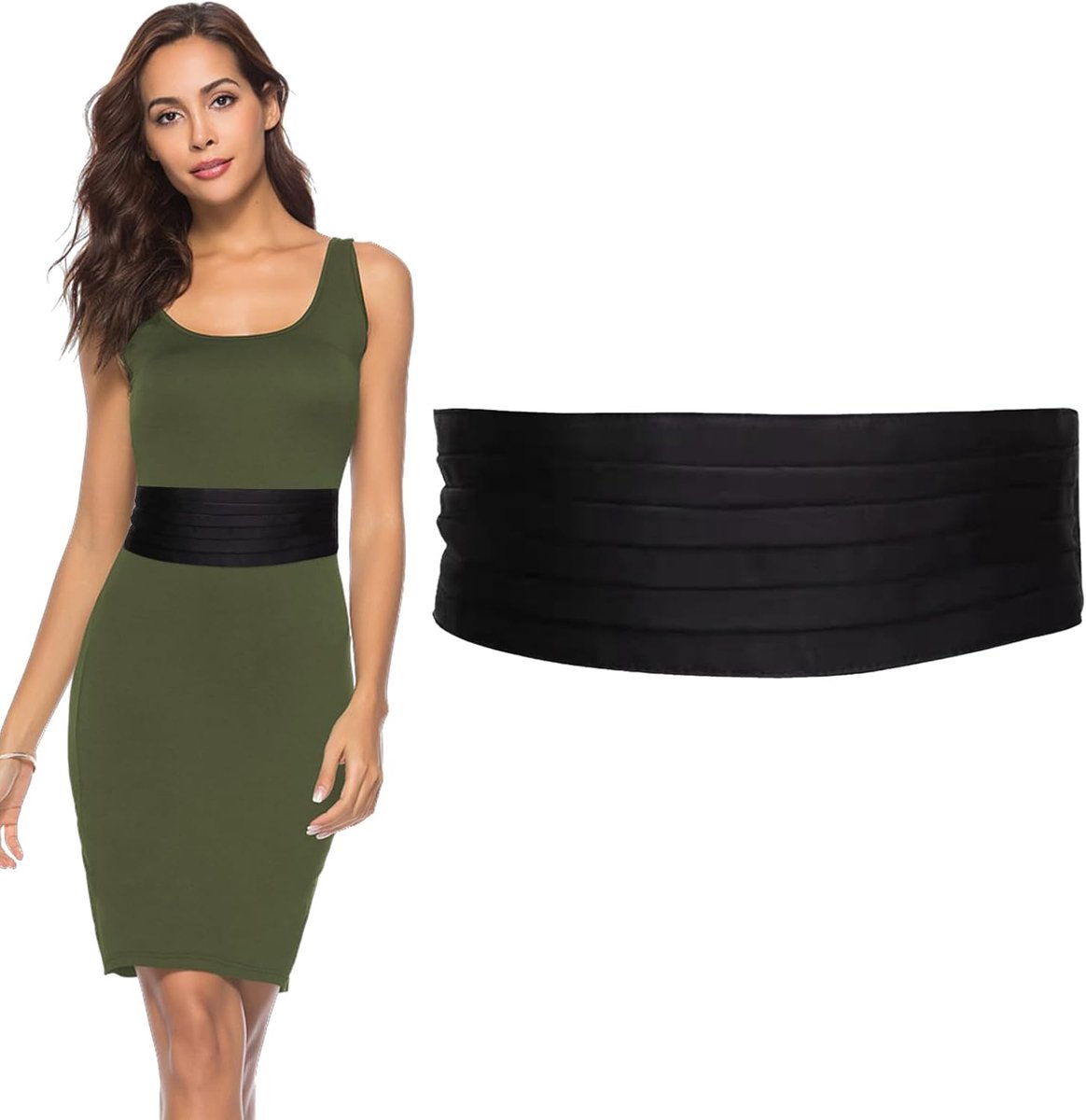Women's Belt Wide Belt Elastic Waist Belt for Dress with Flat Buckle Women's Belt Fashion Stretch Belt (Black) - ShopVlot