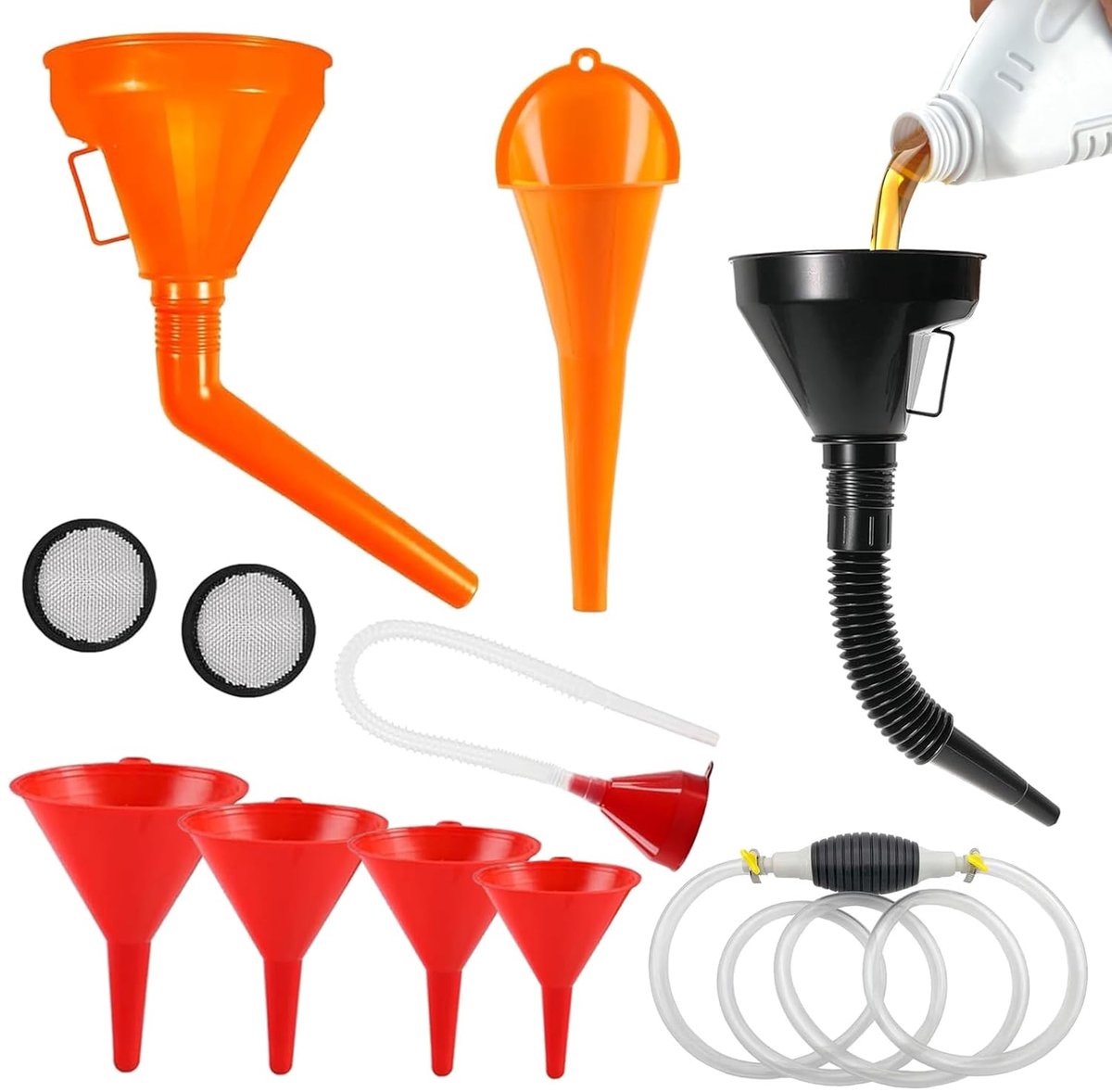 Hopper Set, 14 Pieces Funnels with Hose, Hand Pump, Filling Pump, Funnel Oil, Universal Oil Hopper for Car, Workshop - ShopVlot