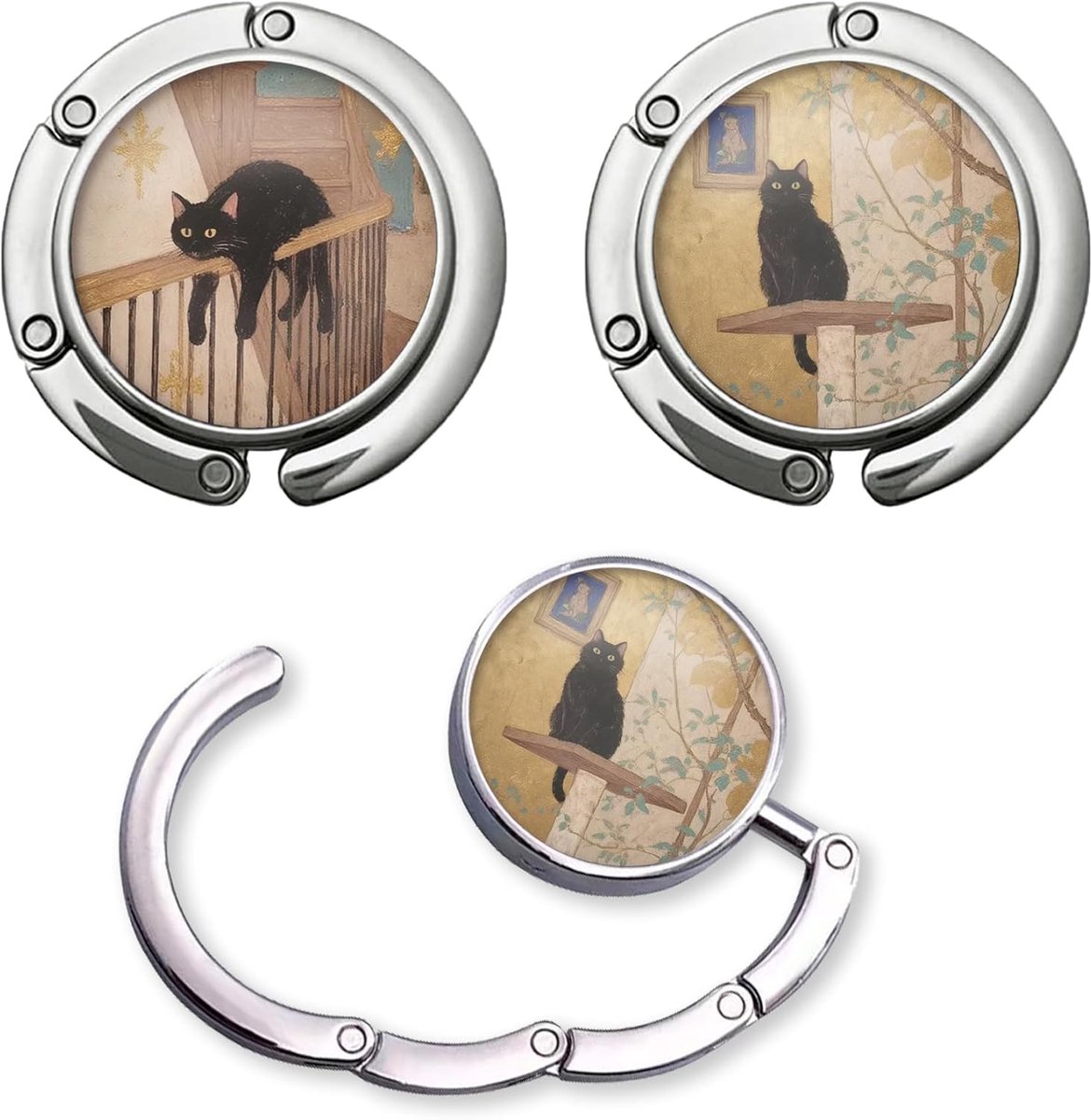 Hand Bag Hook Set - 2 Pcs Cute Foldable Bag Hooks with Black Cat Pattern for Table, Foldable Zinc Alloy Table Bag - ShopVlot