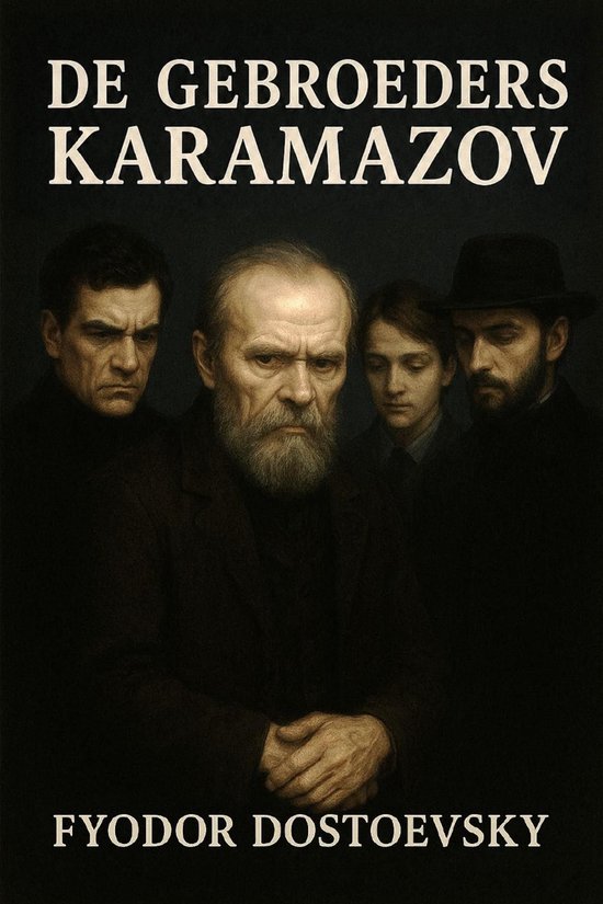 De Gebroeders Karamazov door Fyodor Dostoevsky, met een schilderij van vier mannen in donkere kleding.