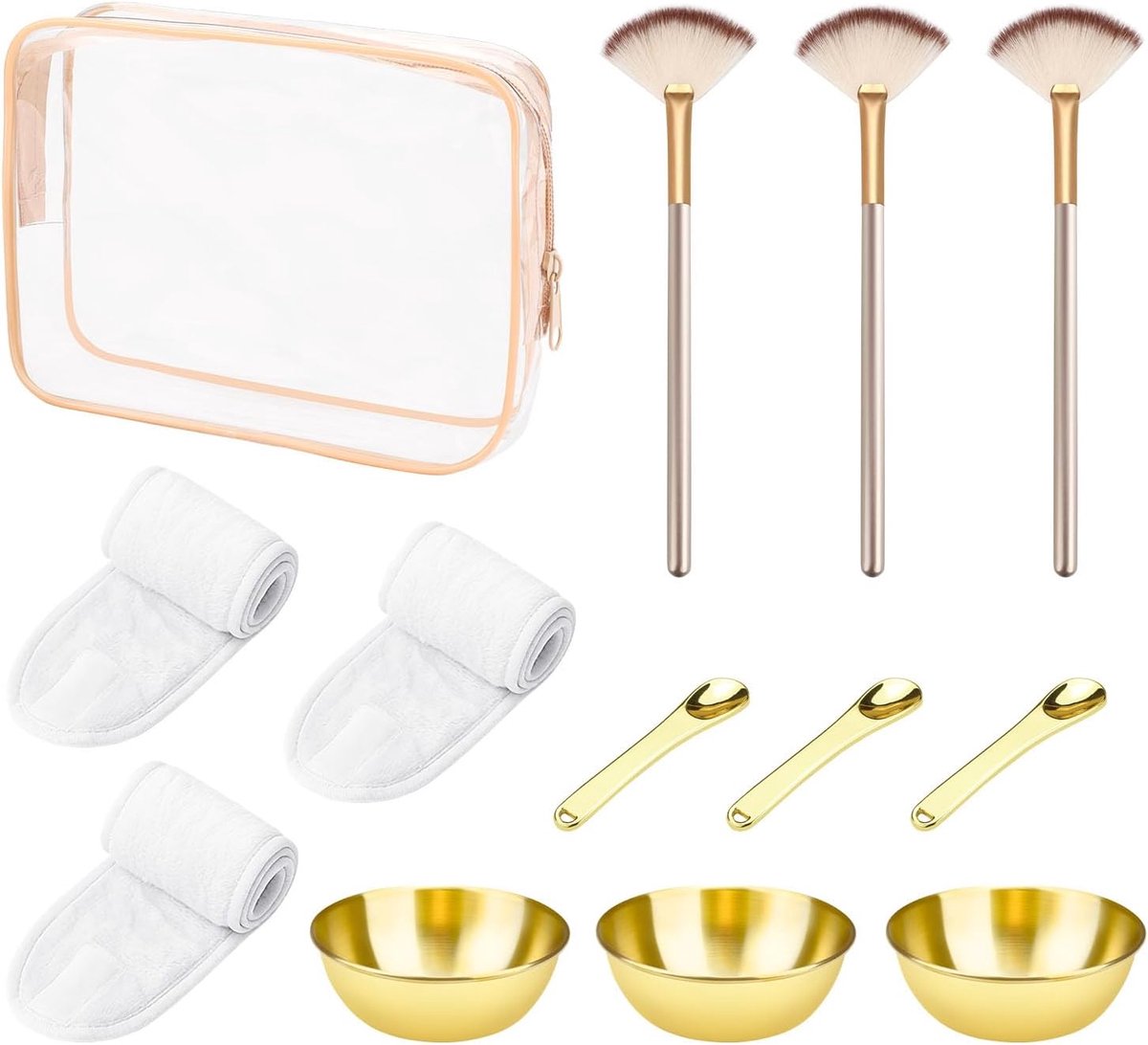 13 Pcs Cosmetician Supplies, Cosmetic Fan Brush for Face with Headband, Mixing Bowls, Makeup Spatula and Clear Zipper - ShopVlot