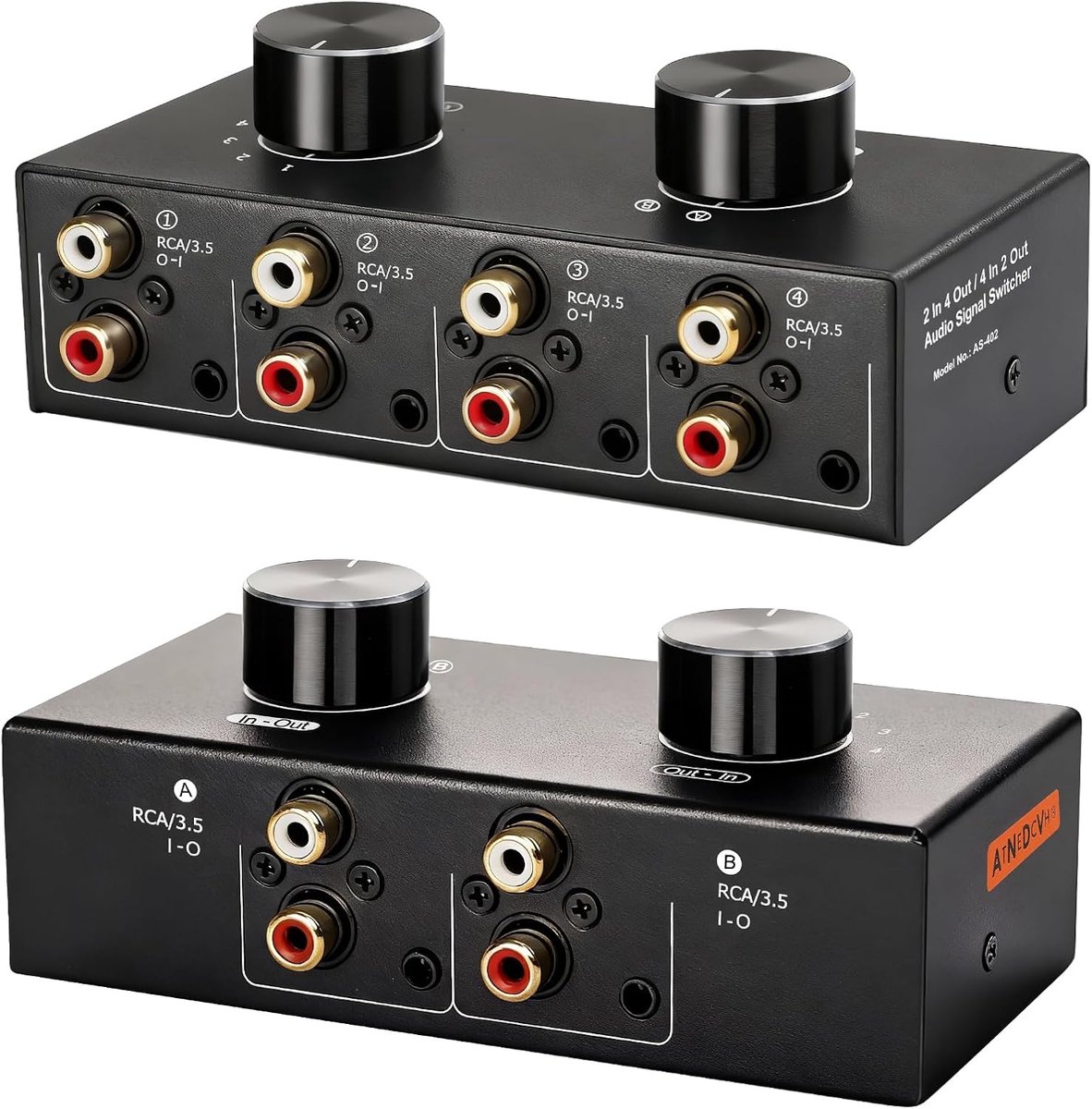Bi-directionele 2 in 4 uit & 4 in 2 uit RCA 3,5 mm poort audio switcher, 2-weg 4-weg 4x2 RCA 1/8 stereo luidsprekers - ShopVlot
