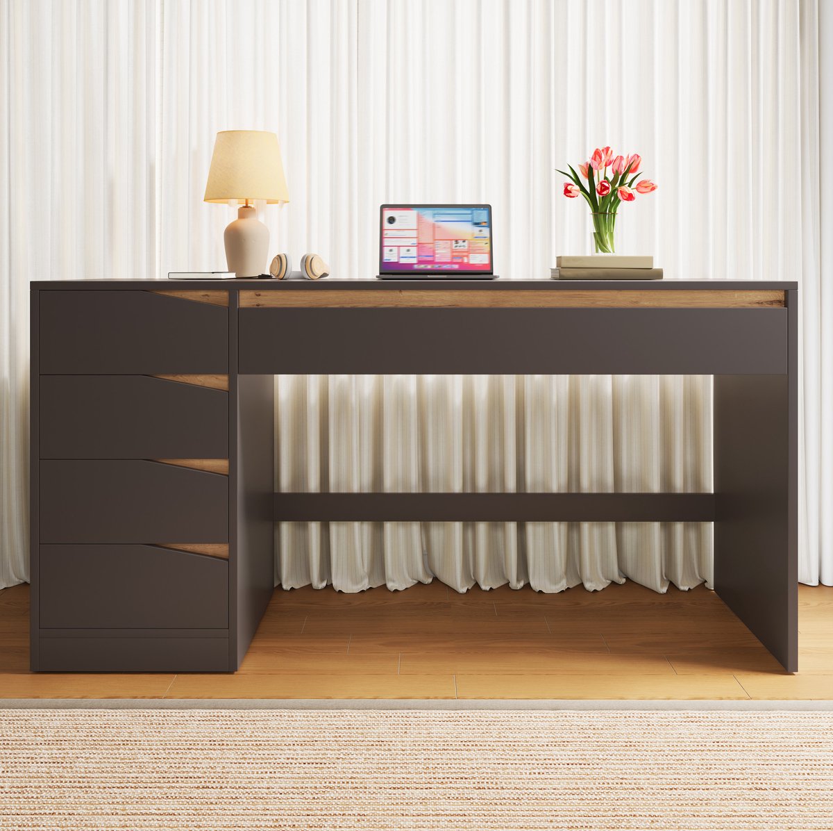 OKWISH Bureau - 140 x 50 x 78 cm - 5 Lades - Extra Groot Werkblad Met Opbergruimte - Voor Homeoffice En Slaapkamer - MDF Grijs