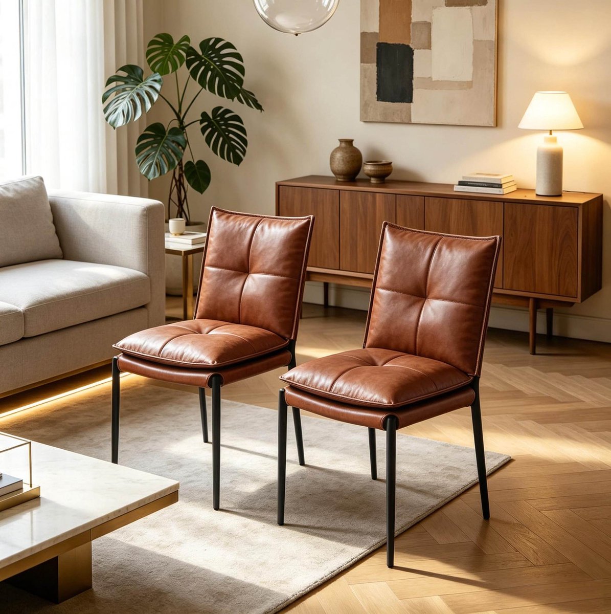 OKWISH Eetkamerstoel – Comfortabele Gewatteerde Zitting – Set Van 2 – Kunstleer En Metaal – Modern – Bruin En Zwart – Voor Eethoek Of Woonkamer