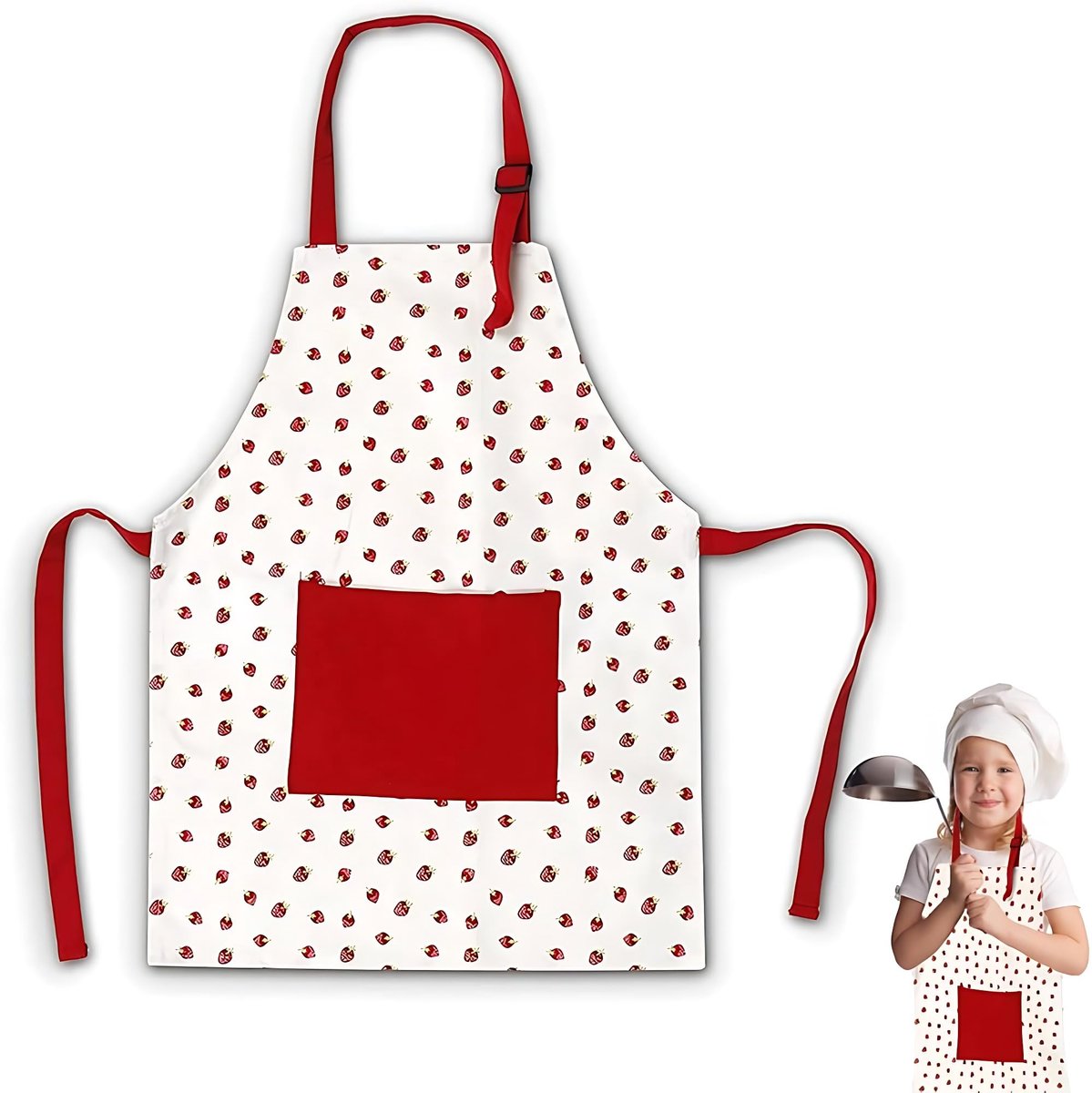 Keukenschort kinderen - rode aardbei - schort voor koken en bakken - leuk voor creatieve activiteiten - ShopVlot