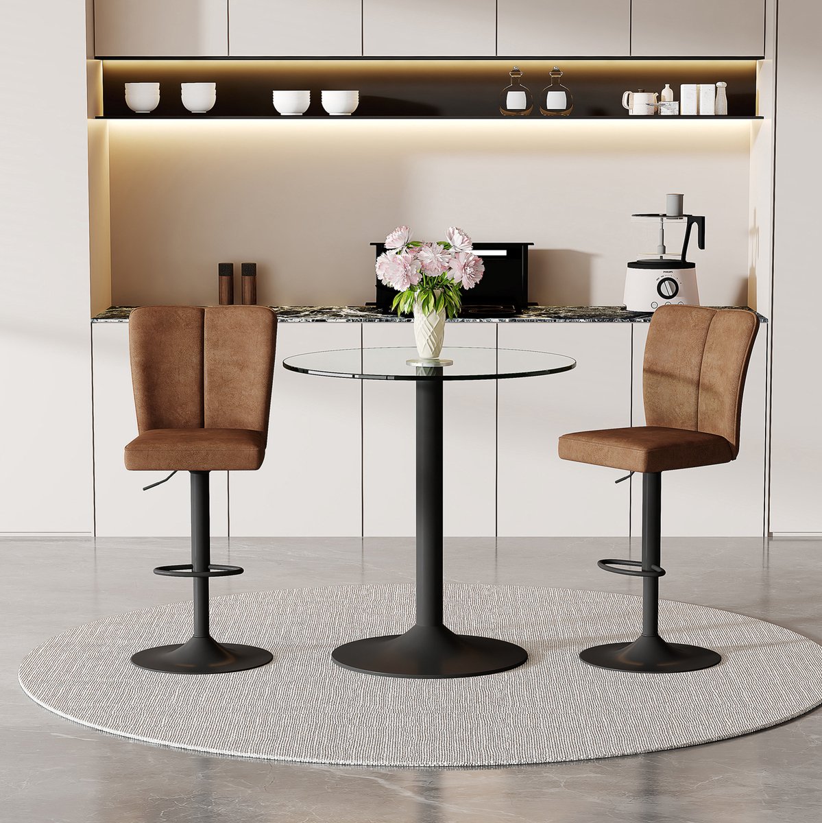 COVREO Barset 89 cm glas, 2 draaibare barkrukken bruin zwart metaal
