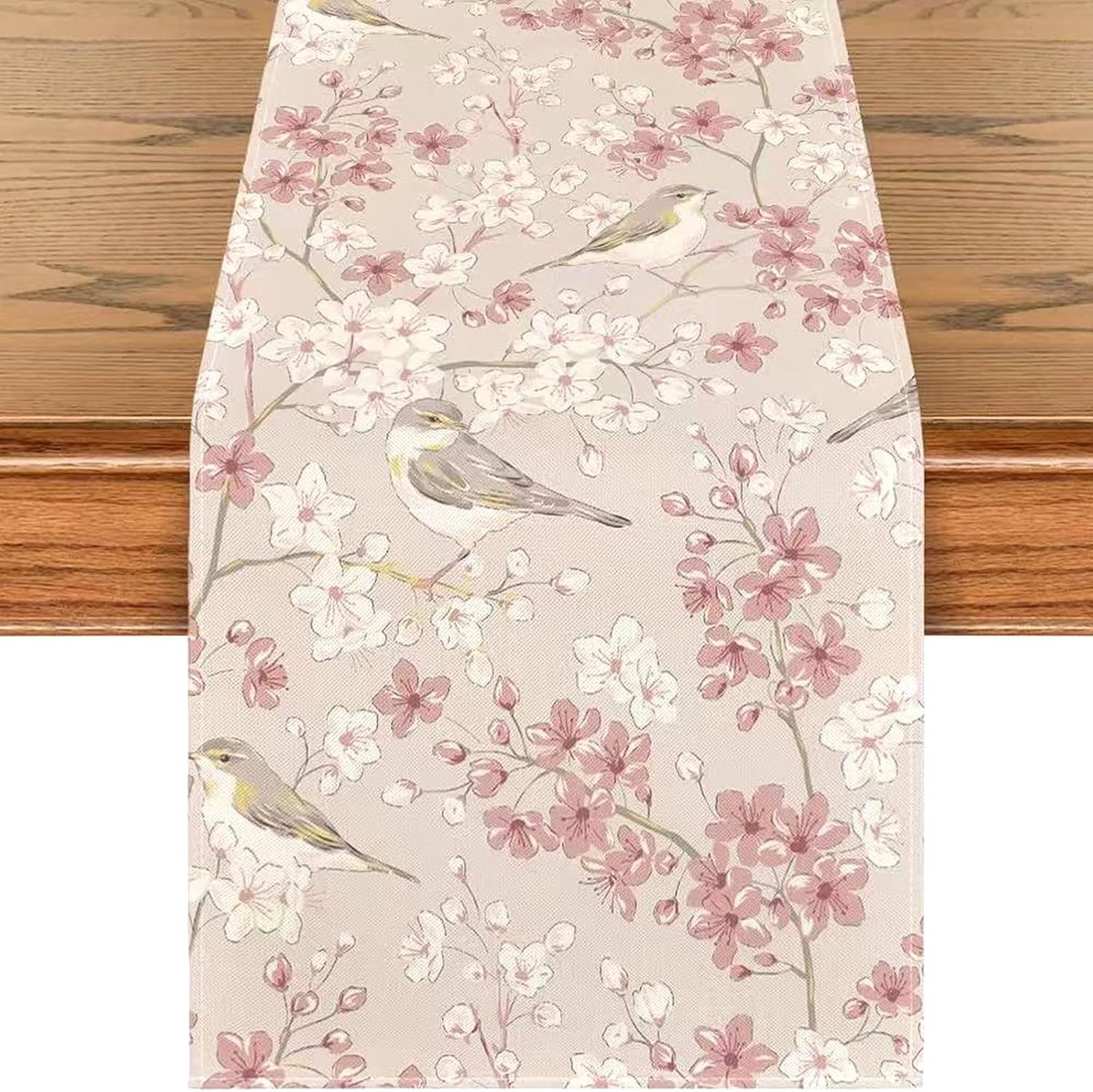 Tafelloper Bloemen Vogels - Tafeldecoratie Linnen - Feestelijke Tafeldekking - Duurzaam Linnen Materiaal - 183 x 33 cm - Roze Kersenbloesem