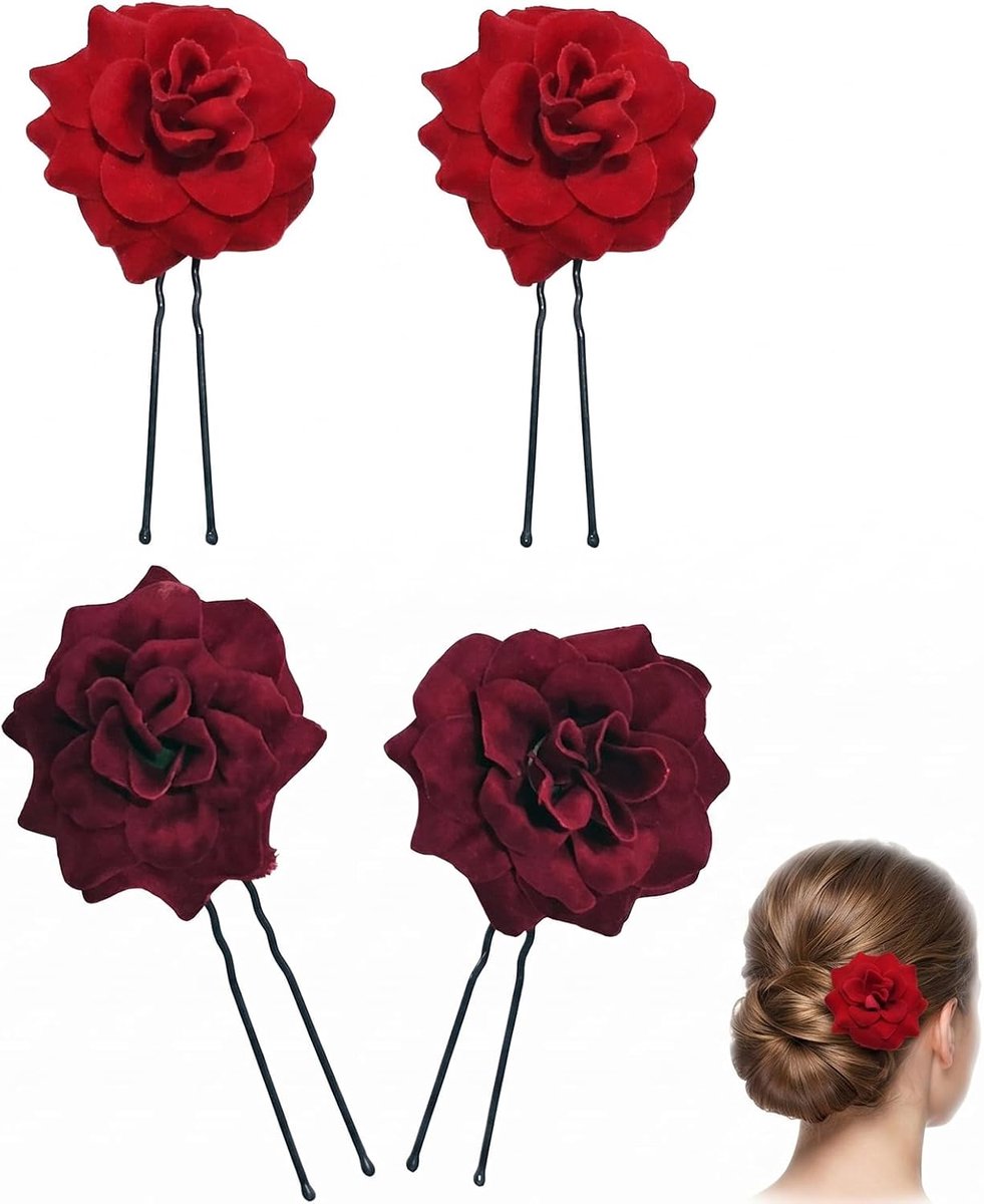 Haaraccessoires bloemen haarspelden - set van 4 - rood en wijnrood - elegant voor bruiloft - ShopVlot