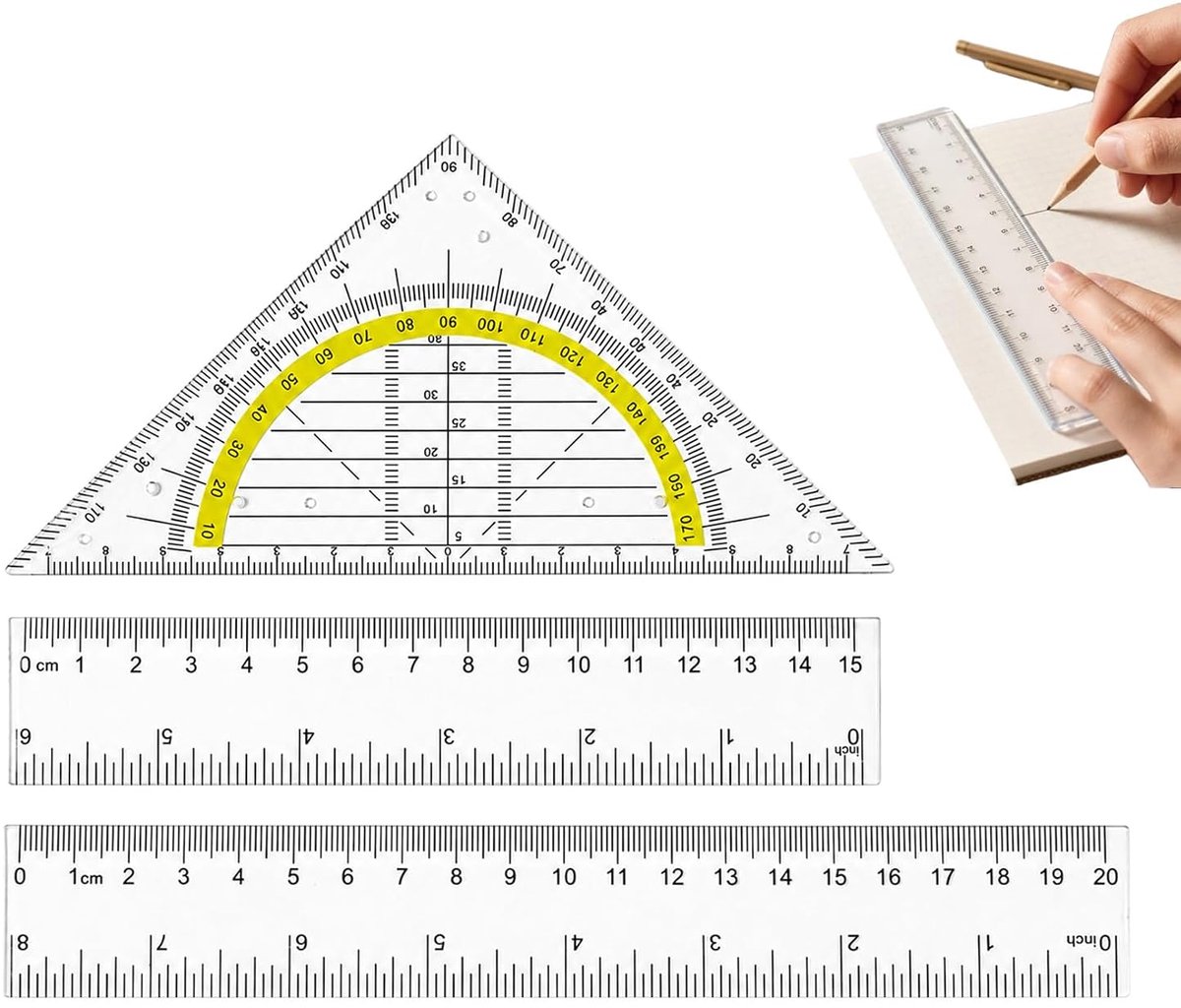 3-in-1 antislip liniaal set 15 cm en 20 cm - transparante geodriehoek - nauwkeurige meting - ShopVlot
