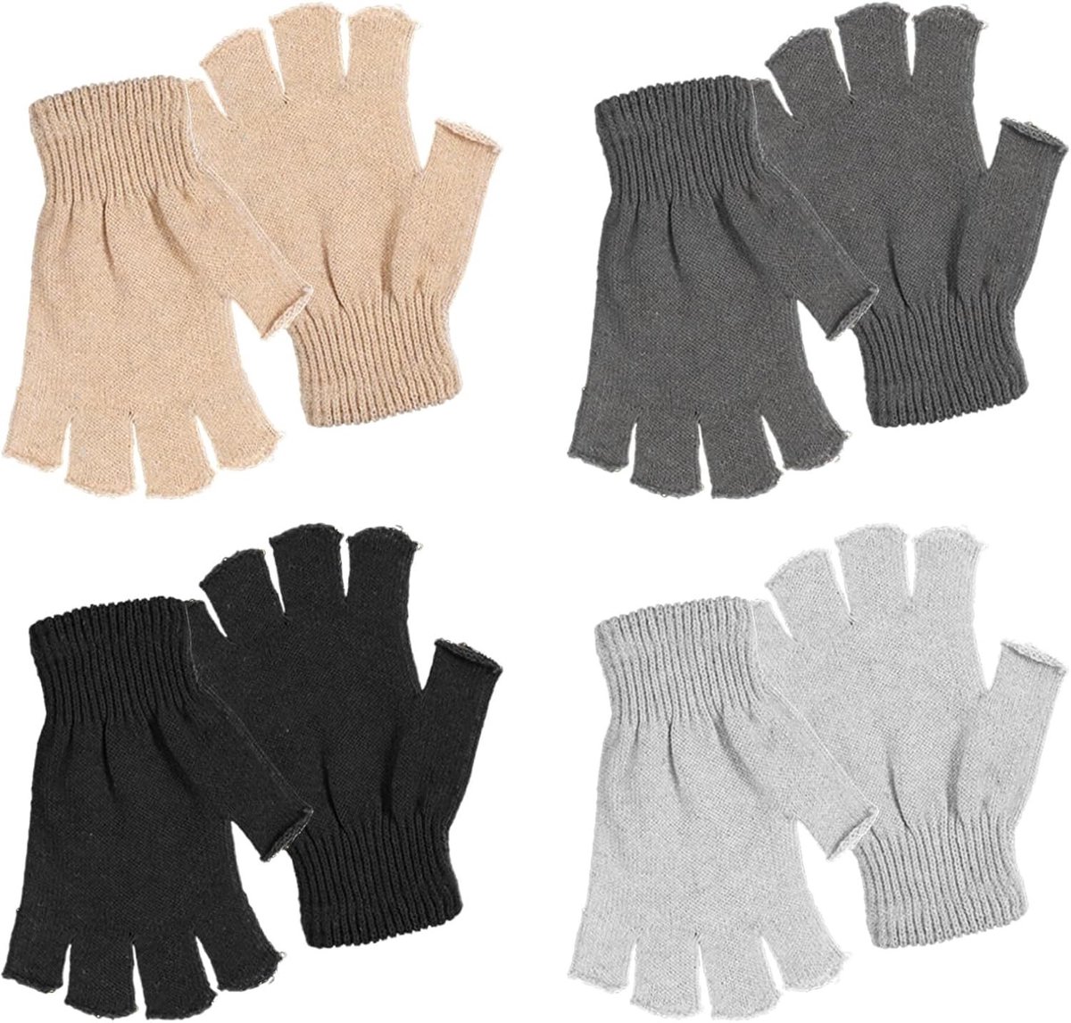 Vingerloze Handschoenen voor Mannen en Vrouwen - 4 Paar Katoenen Gebreide Winterhandschoenen voor Typen en Rijden (Zwart, Donkergrijs, Lichtgrijs, Camel)