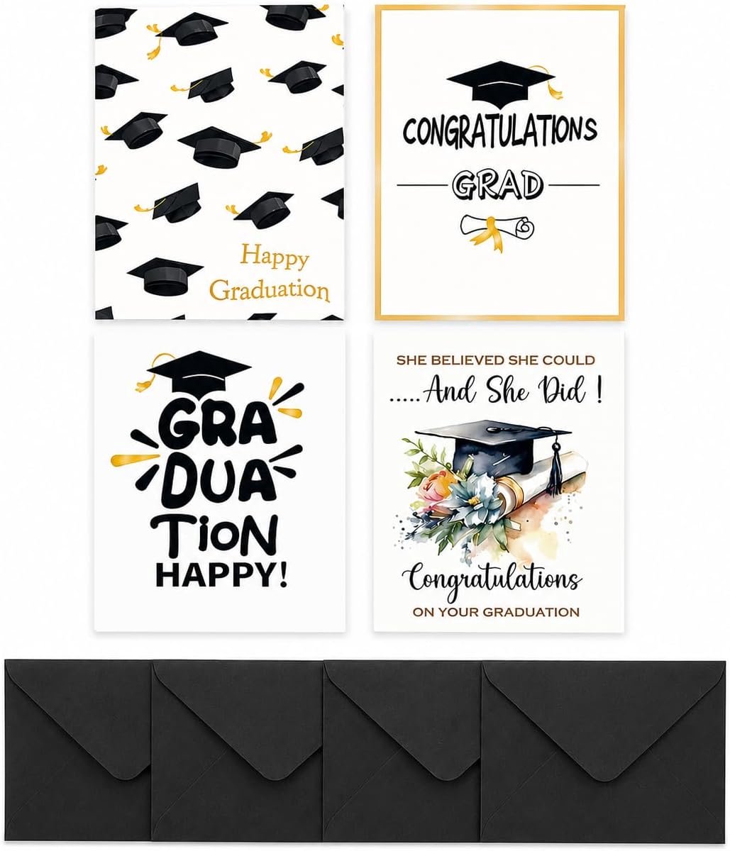 Wenskaarten afstuderen 2026 - 4 kaarten met enveloppen - Verschillende designs - Perfect als cadeau - ShopVlot