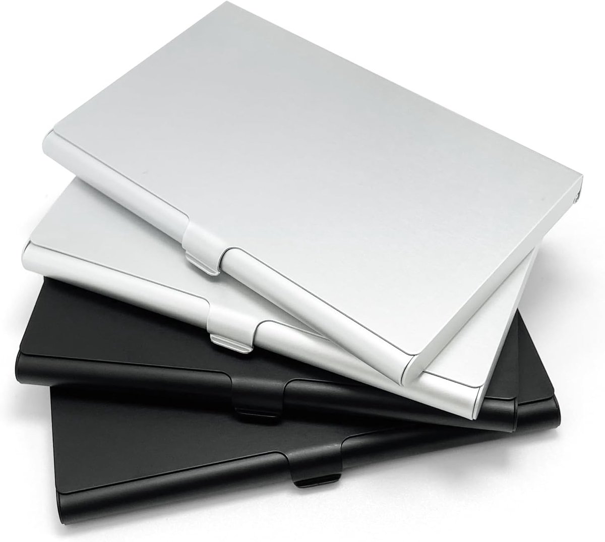 Visitekaartjeshouder met flap - 2 zwart + 2 zilver - Aluminium legering - Elegant en draagbaar - ShopVlot