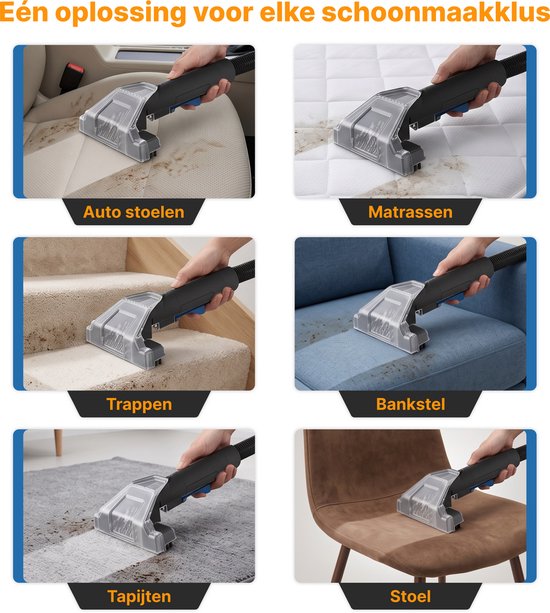 Reinigt auto stoelen, matrassen, trappen, banken, tapijten en stoelen met een handige zuigmond.