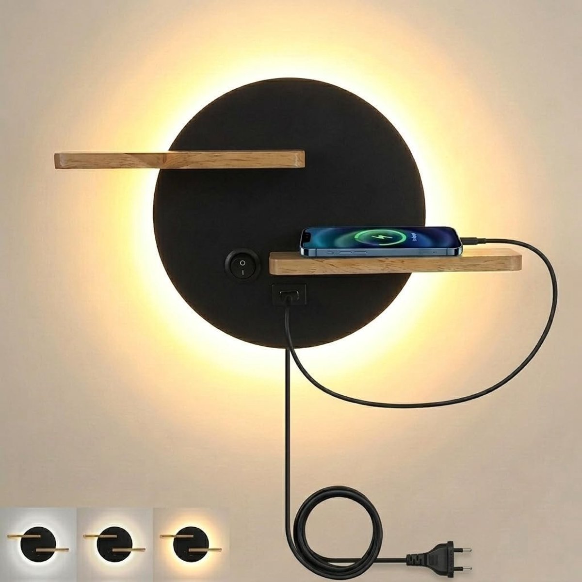 Wandlamp - Zwart - Dimbaar 3000K - LED Wandverlichting met USB-aansluiting - Voor Slaapkamer en Woonkamer